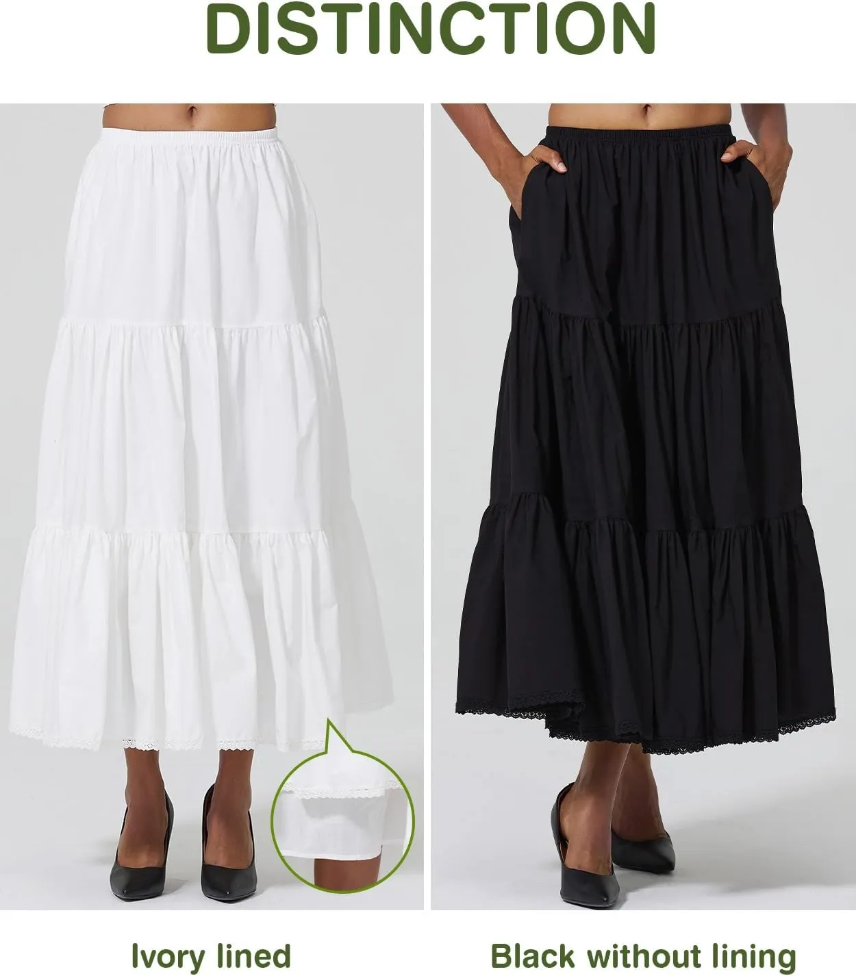 100% Cotton Women Midi Skirt with Pockets Elastic High Waist A Line Lace Tiered Renaissance Skirt