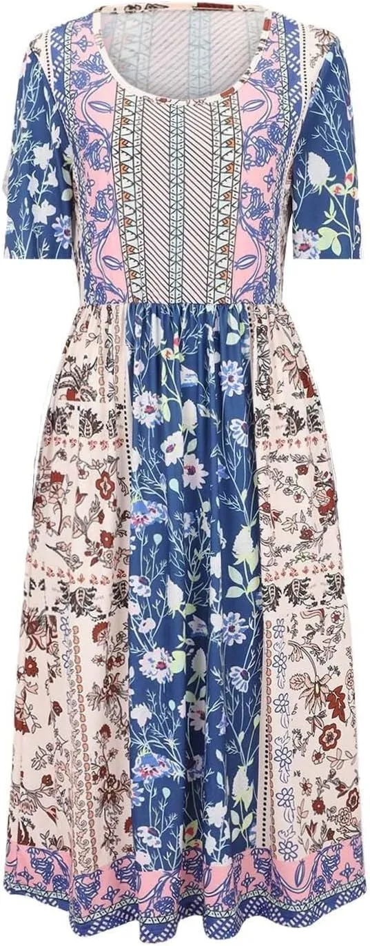 2025 Women Boho Casual Summer Beach Vacation Floral Printed Short Sleeve Tunic Wedding Guest Dress