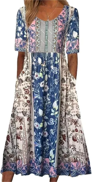 2025 Women Boho Casual Summer Beach Vacation Floral Printed Short Sleeve Tunic Wedding Guest Dress