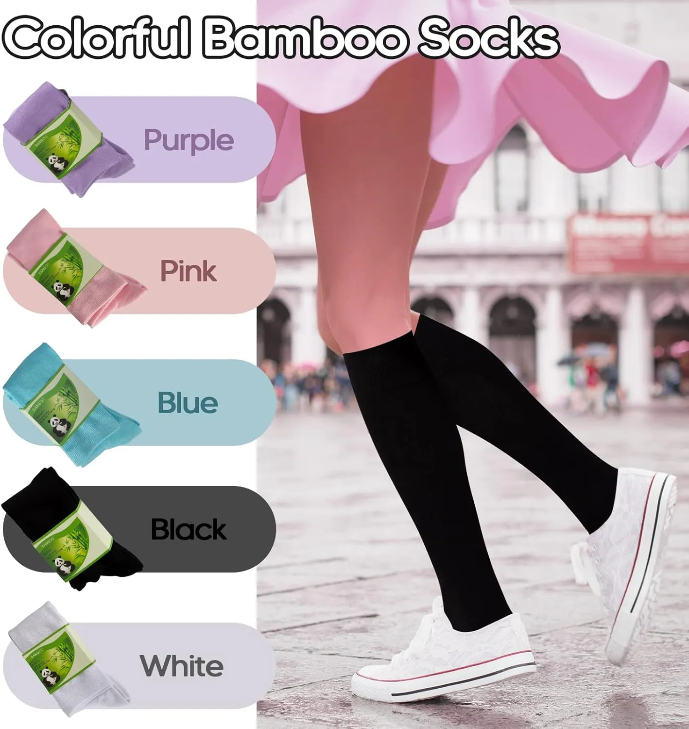 4 Pair Bamboo Knee High Socks Thin Casual Dress Socks Breathable Lightweight Stockings