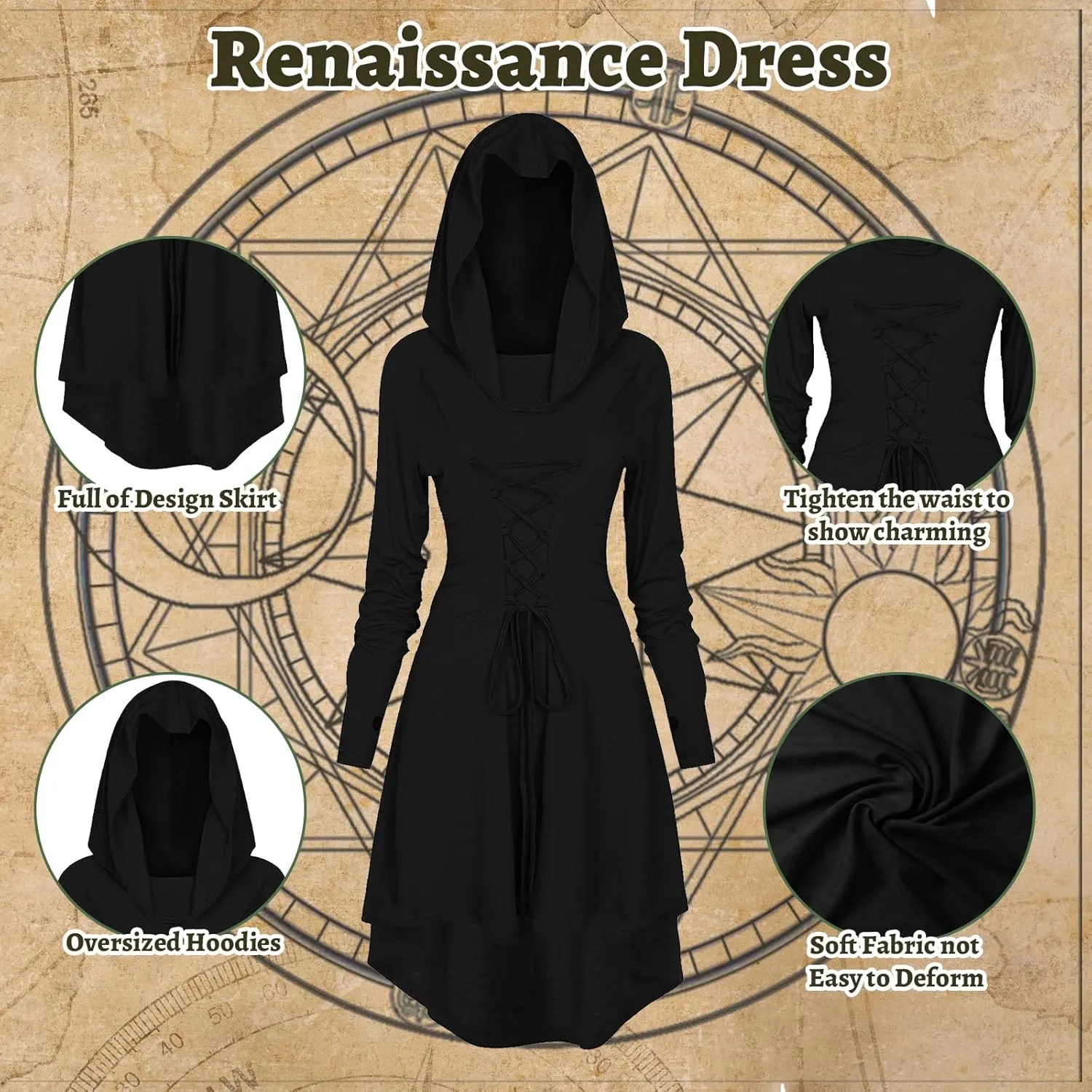 5 Pcs Renaissance Women Costume Medieval Hooded skirt Vintage Arm Guard Printed Belt and Waist bag