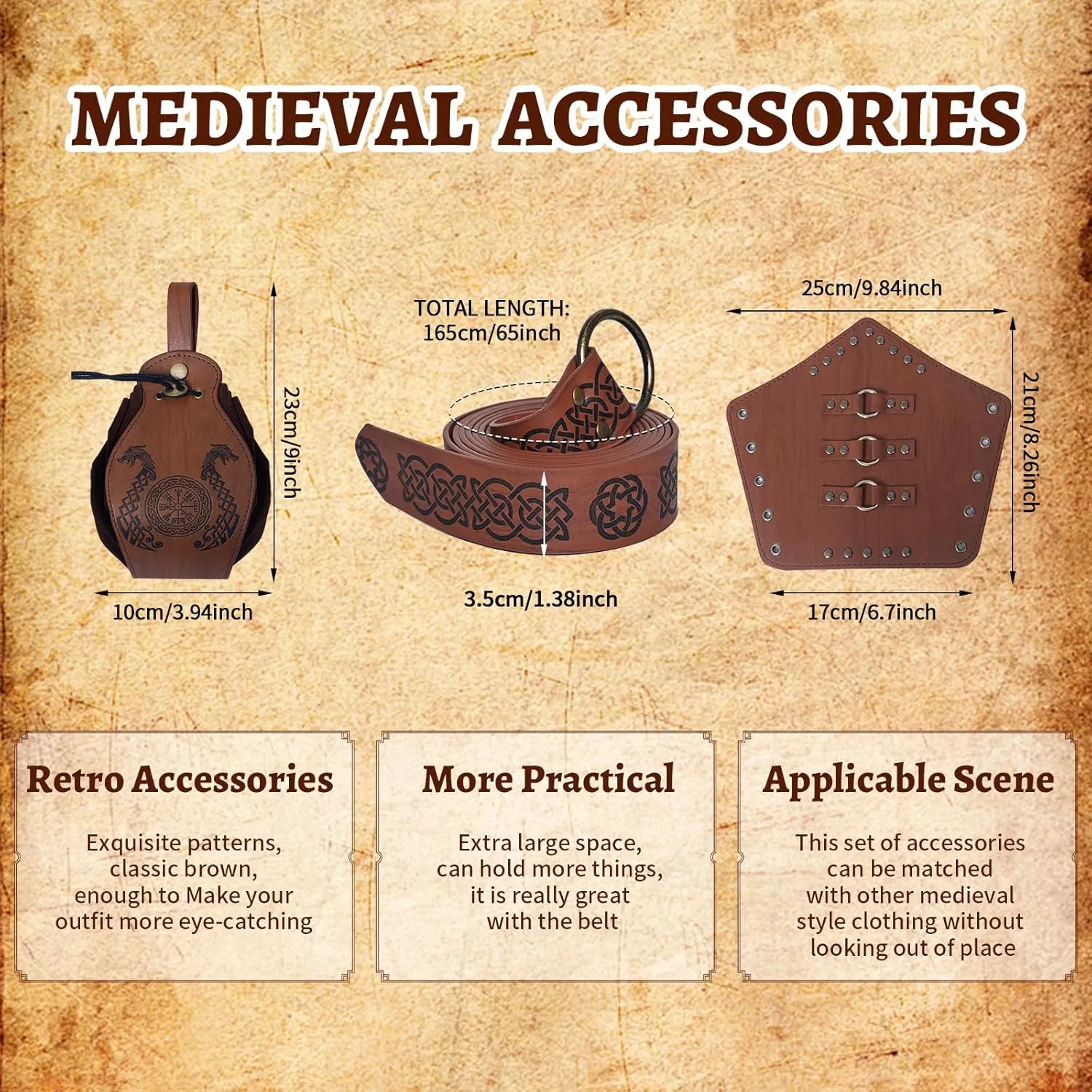 5 Pcs Renaissance Women Costume Medieval Hooded skirt Vintage Arm Guard Printed Belt and Waist bag
