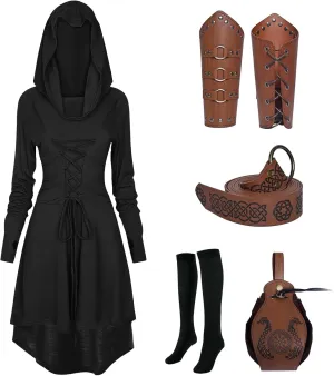 5 Pcs Renaissance Women Costume Medieval Hooded skirt Vintage Arm Guard Printed Belt and Waist bag