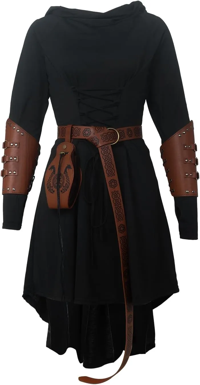5 Pcs Renaissance Women Costume Medieval Hooded skirt Vintage Arm Guard Printed Belt and Waist bag