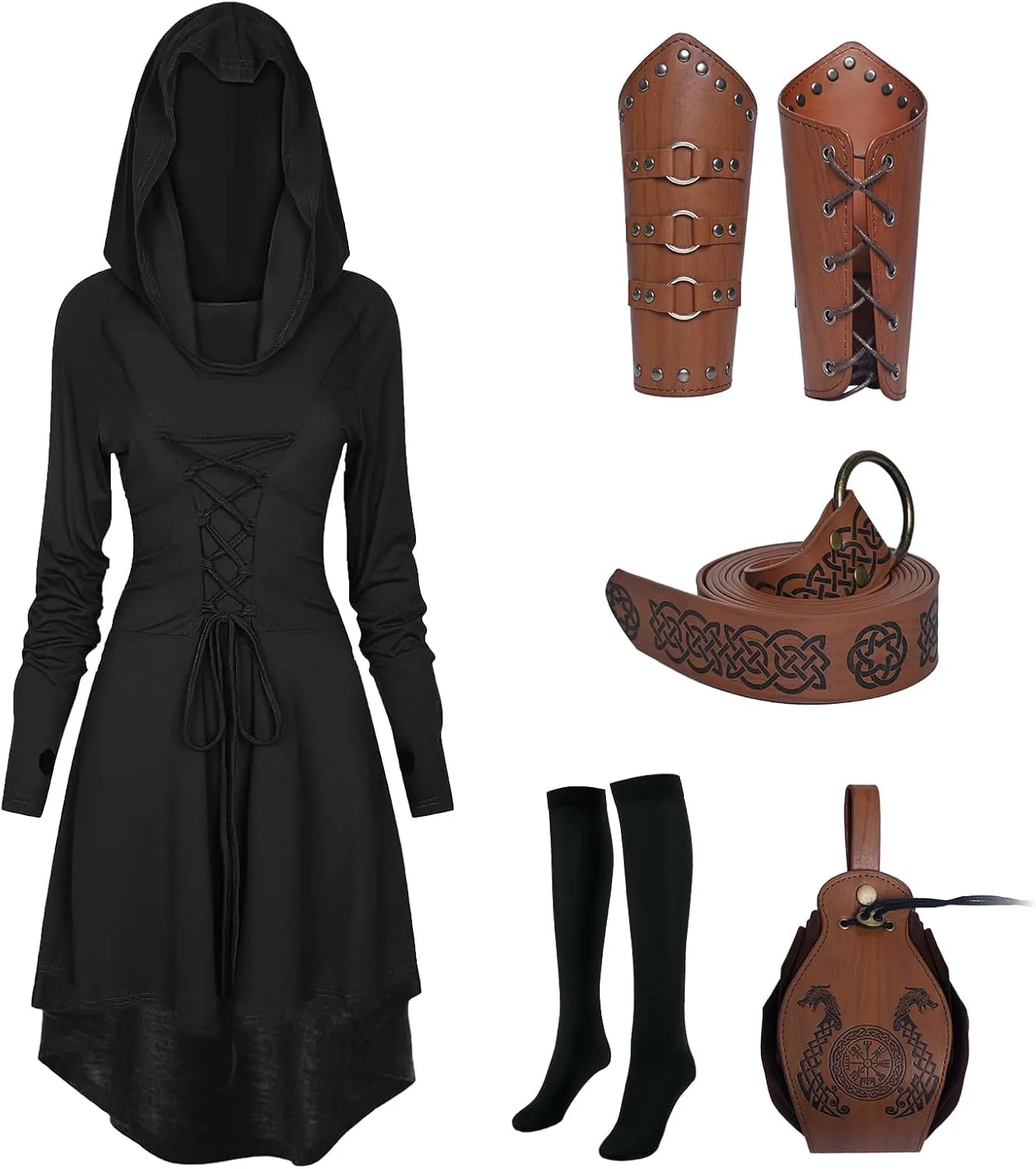 5 Pcs Renaissance Women Costume Medieval Hooded skirt Vintage Arm Guard Printed Belt and Waist bag