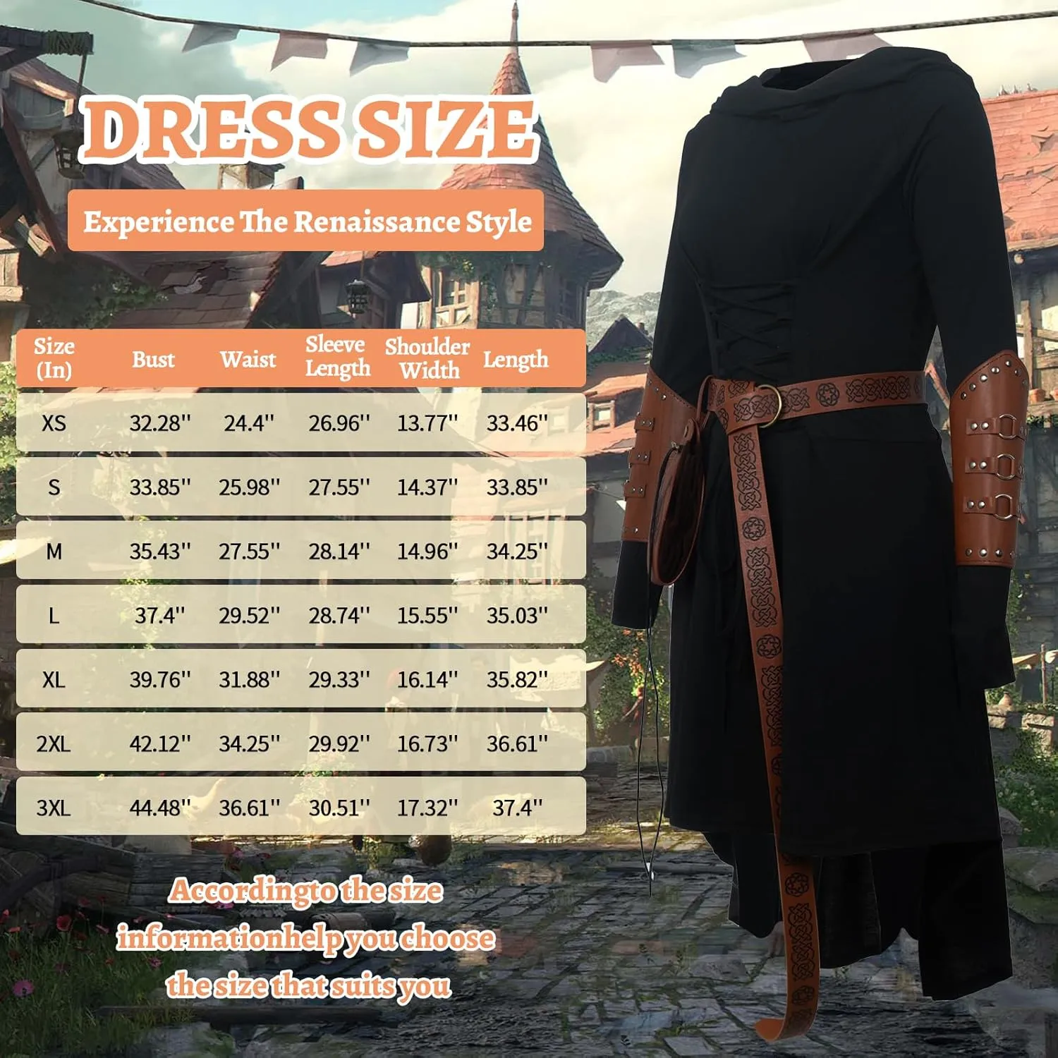 5 Pcs Renaissance Women Costume Medieval Hooded skirt Vintage Arm Guard Printed Belt and Waist bag