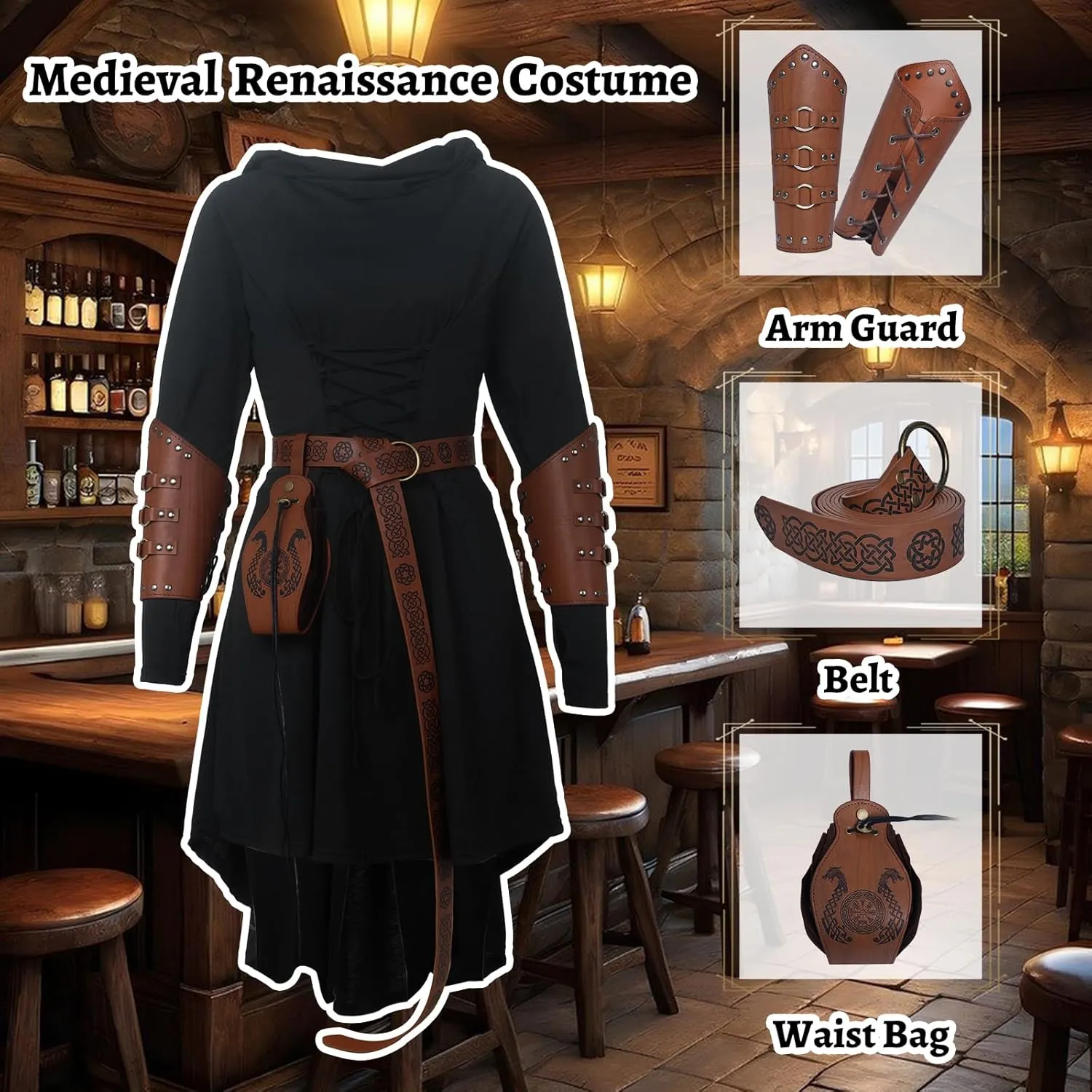 5 Pcs Renaissance Women Costume Medieval Hooded skirt Vintage Arm Guard Printed Belt and Waist bag