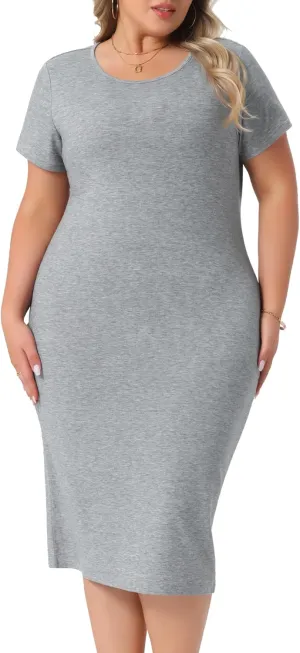 Agnes Orinda Plus Size Women's Short Sleeve Crew Neck Casual Sundress Midi Bodycon Casual t Shirt Dress