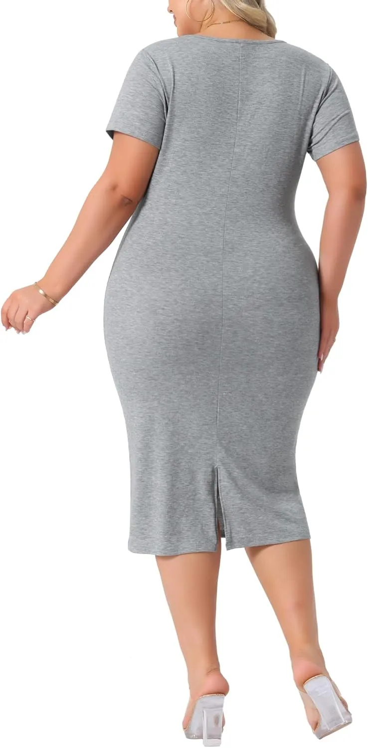 Agnes Orinda Plus Size Women's Short Sleeve Crew Neck Casual Sundress Midi Bodycon Casual t Shirt Dress