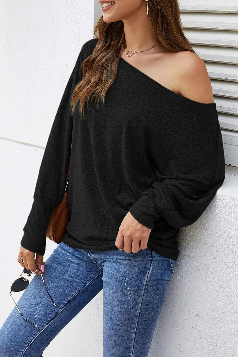 Aifer Women's Off The Shoulder Tops Sexy Long Sleeve Shirts Oversized Fashion Casual Batwing Sweaters Pullover Tunic Tops