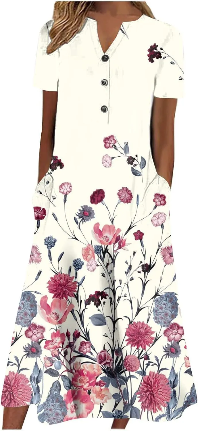 Akivide Women's Boho Button Down Floral Dress with Pockets Summer Short Sleeve V Neck Midi Casual Dresses for Women