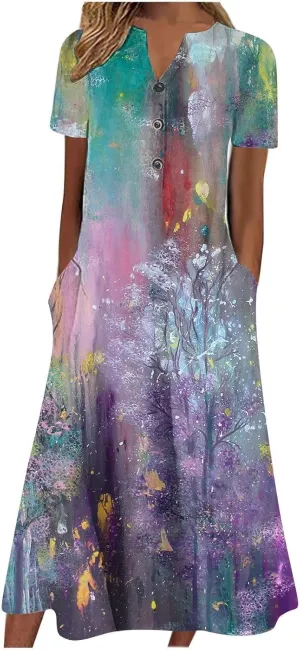 Akivide Women's Boho Button Down Floral Dress with Pockets Summer Short Sleeve V Neck Midi Casual Dresses for Women