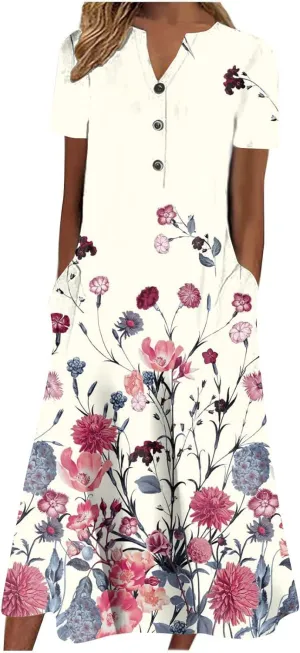 Akivide Women's Boho Button Down Floral Dress with Pockets Summer Short Sleeve V Neck Midi Casual Dresses for Women