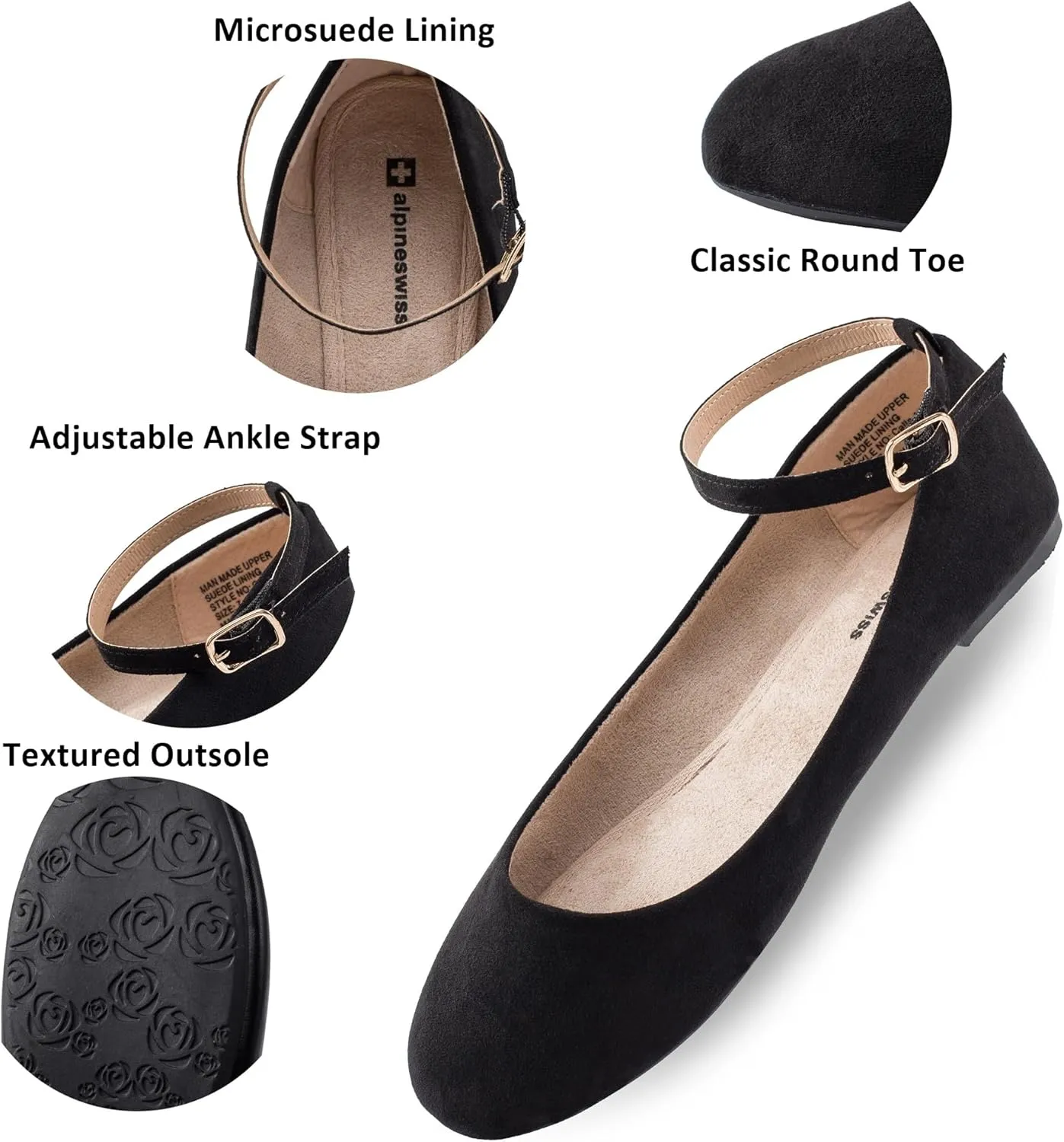 Alpine Swiss Calla Womens Ballet Flats Round Toe Ankle Strap Flat Shoes for Women Dressy Casual Ballerina Flats