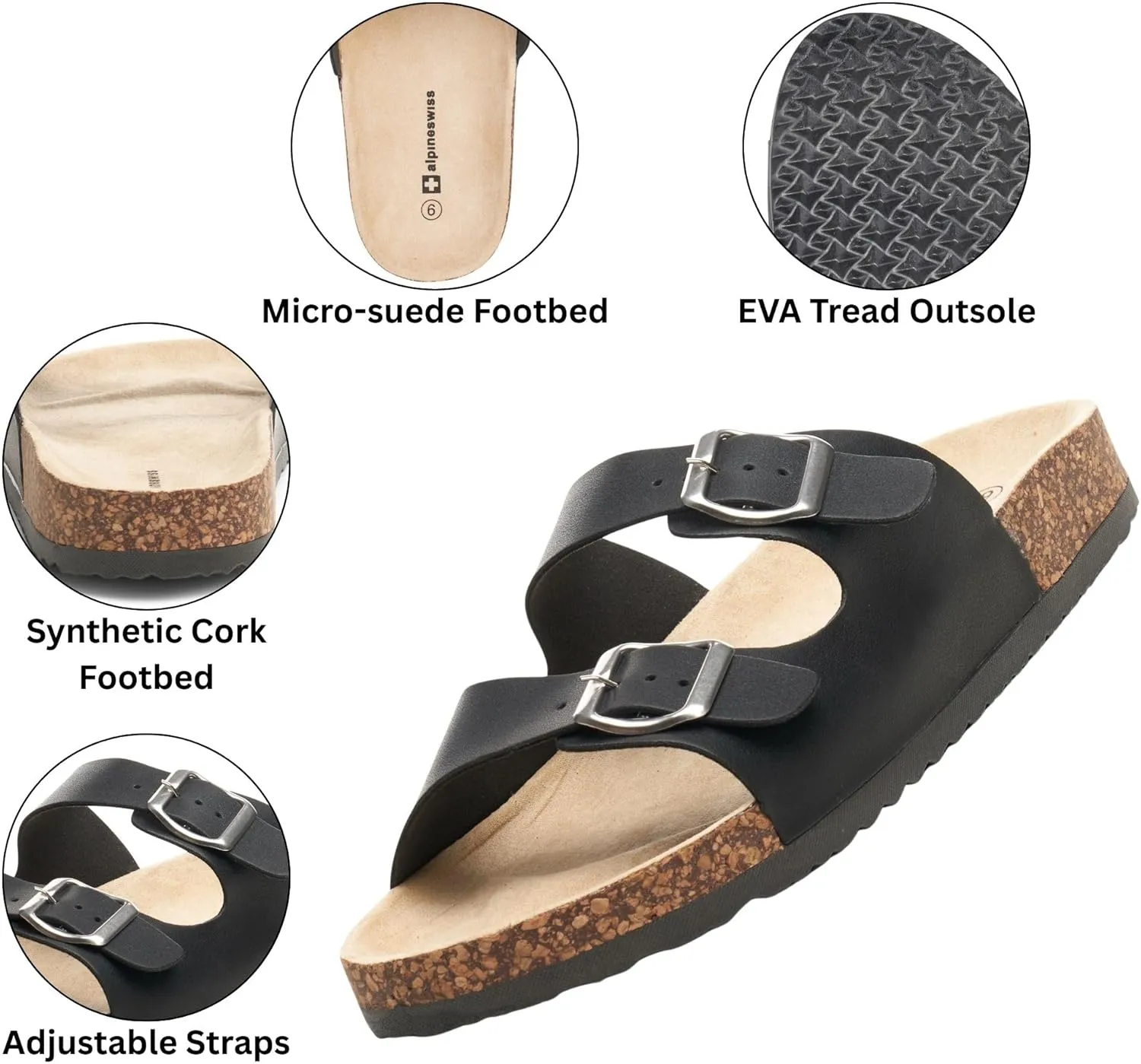 Alpine Swiss Mens Double Strap Contour Sandals | Adjustable Buckle Slides | Vegan Leather Footbed Sandals | Ergonomic Cork-Inspired Sole | Casual Summer Footwear Slip On Slides with Buckles