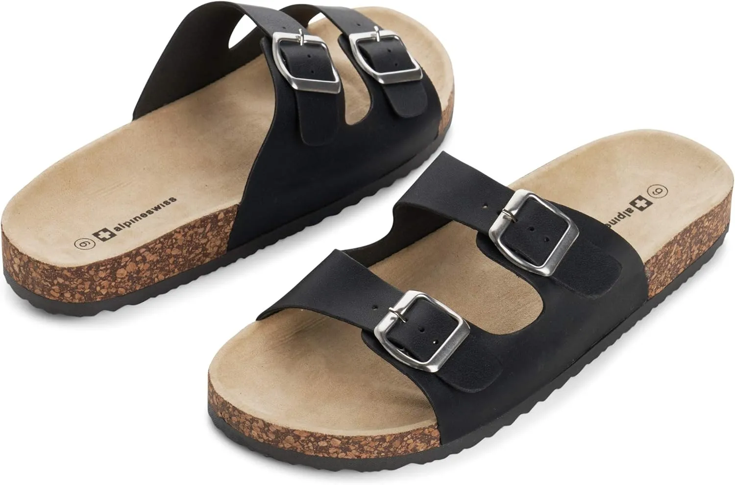 Alpine Swiss Mens Double Strap Contour Sandals | Adjustable Buckle Slides | Vegan Leather Footbed Sandals | Ergonomic Cork-Inspired Sole | Casual Summer Footwear Slip On Slides with Buckles