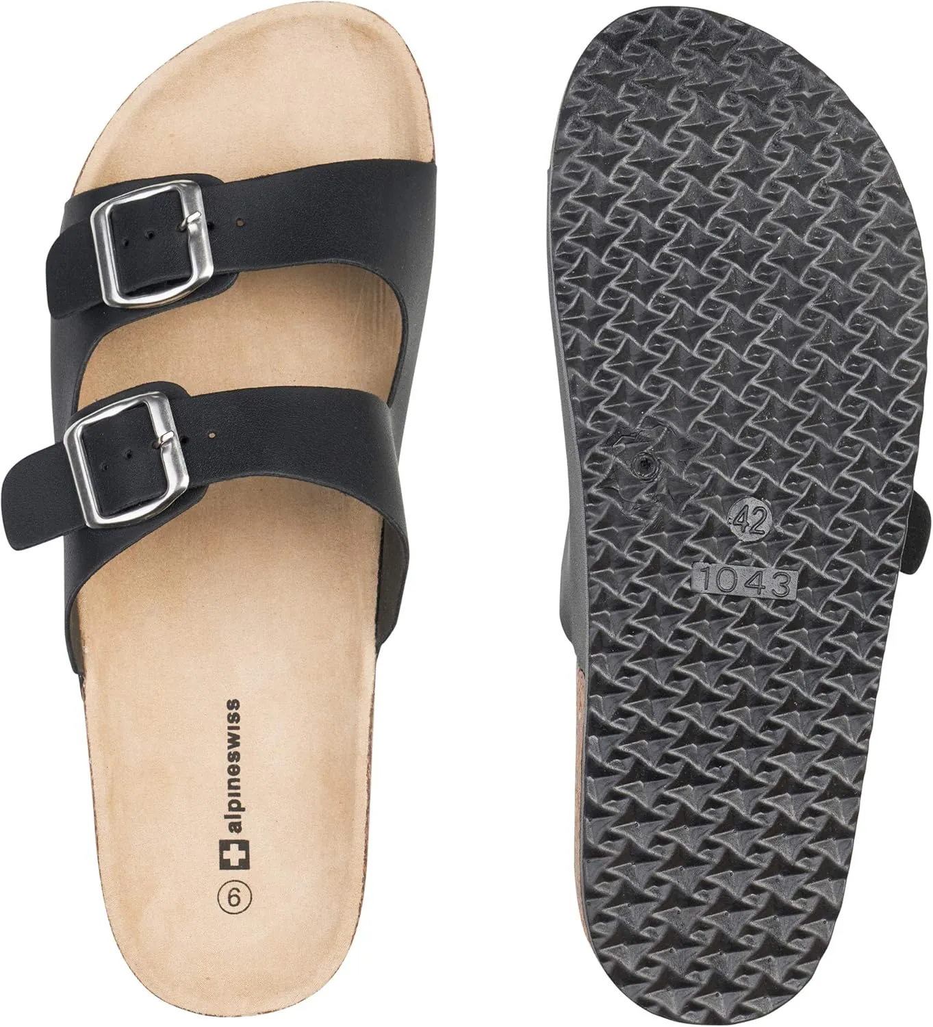 Alpine Swiss Mens Double Strap Contour Sandals | Adjustable Buckle Slides | Vegan Leather Footbed Sandals | Ergonomic Cork-Inspired Sole | Casual Summer Footwear Slip On Slides with Buckles