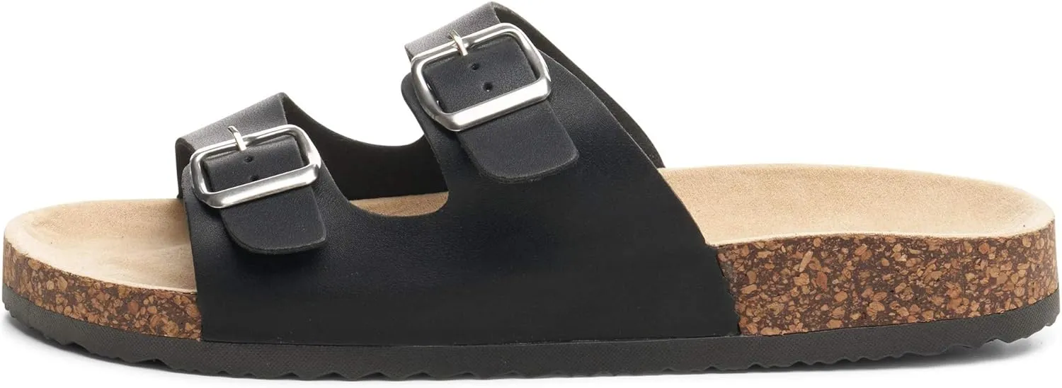 Alpine Swiss Mens Double Strap Contour Sandals | Adjustable Buckle Slides | Vegan Leather Footbed Sandals | Ergonomic Cork-Inspired Sole | Casual Summer Footwear Slip On Slides with Buckles