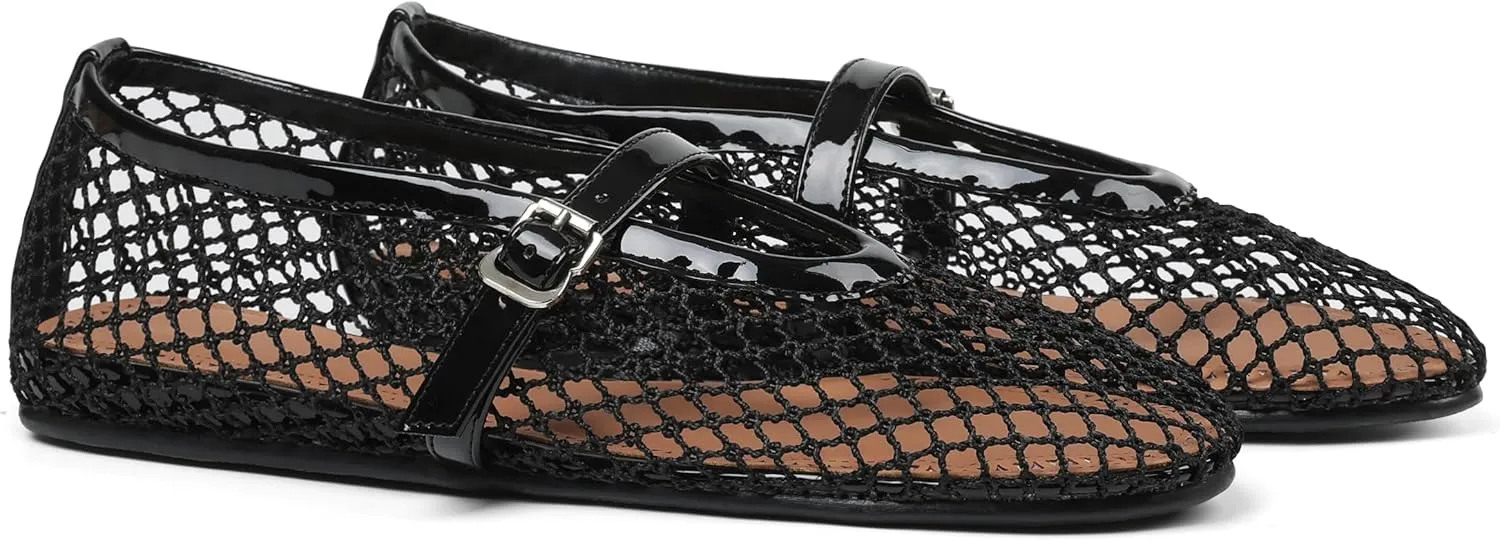 AMINUGAL Mesh Ballet Flats Shoes for Women Fashion Round Toe Fishnet Flats for Women Buckle Strap Mary Jane Shoes Women Comfortable Casual Office Daily Dress Ballerina Shoes