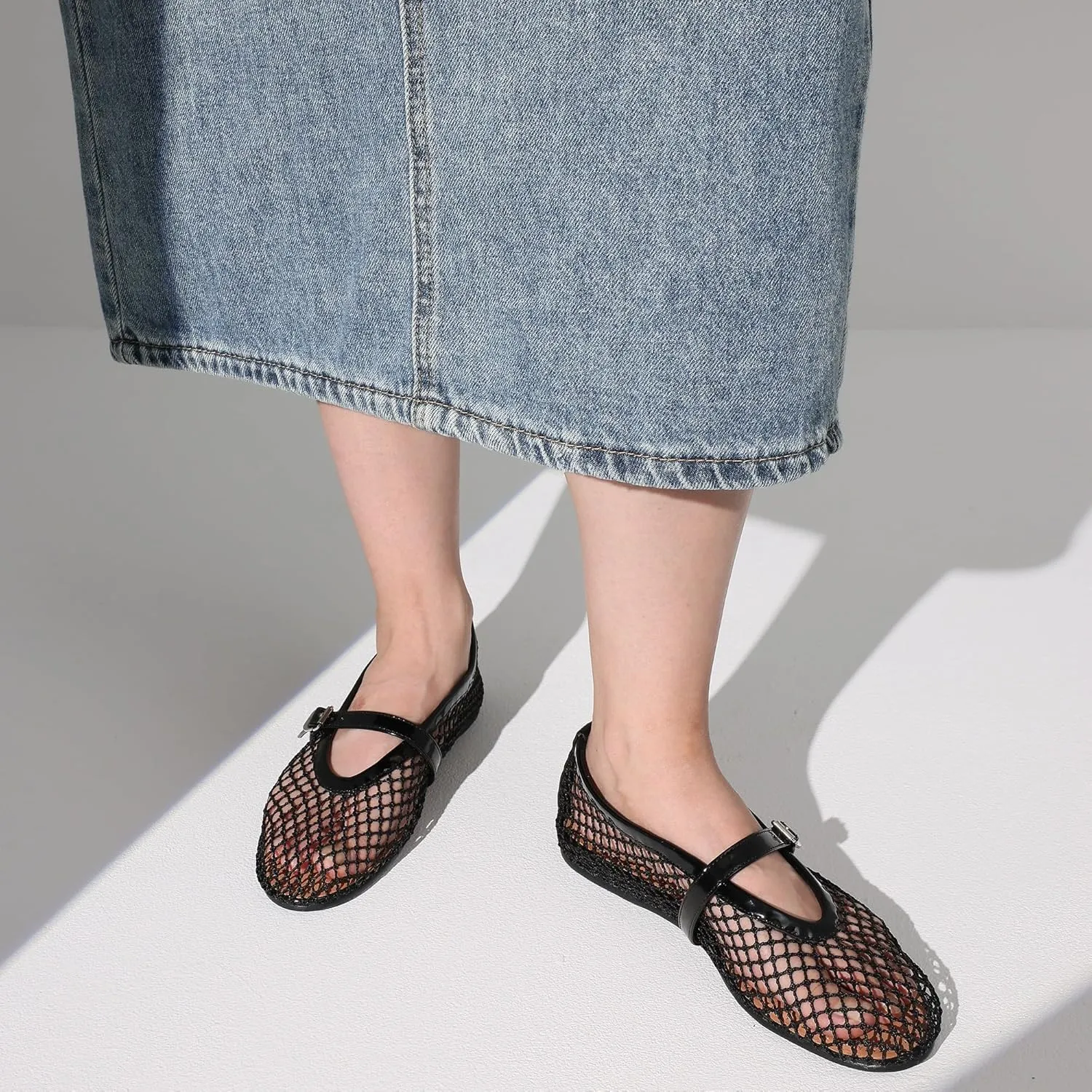 AMINUGAL Mesh Ballet Flats Shoes for Women Fashion Round Toe Fishnet Flats for Women Buckle Strap Mary Jane Shoes Women Comfortable Casual Office Daily Dress Ballerina Shoes
