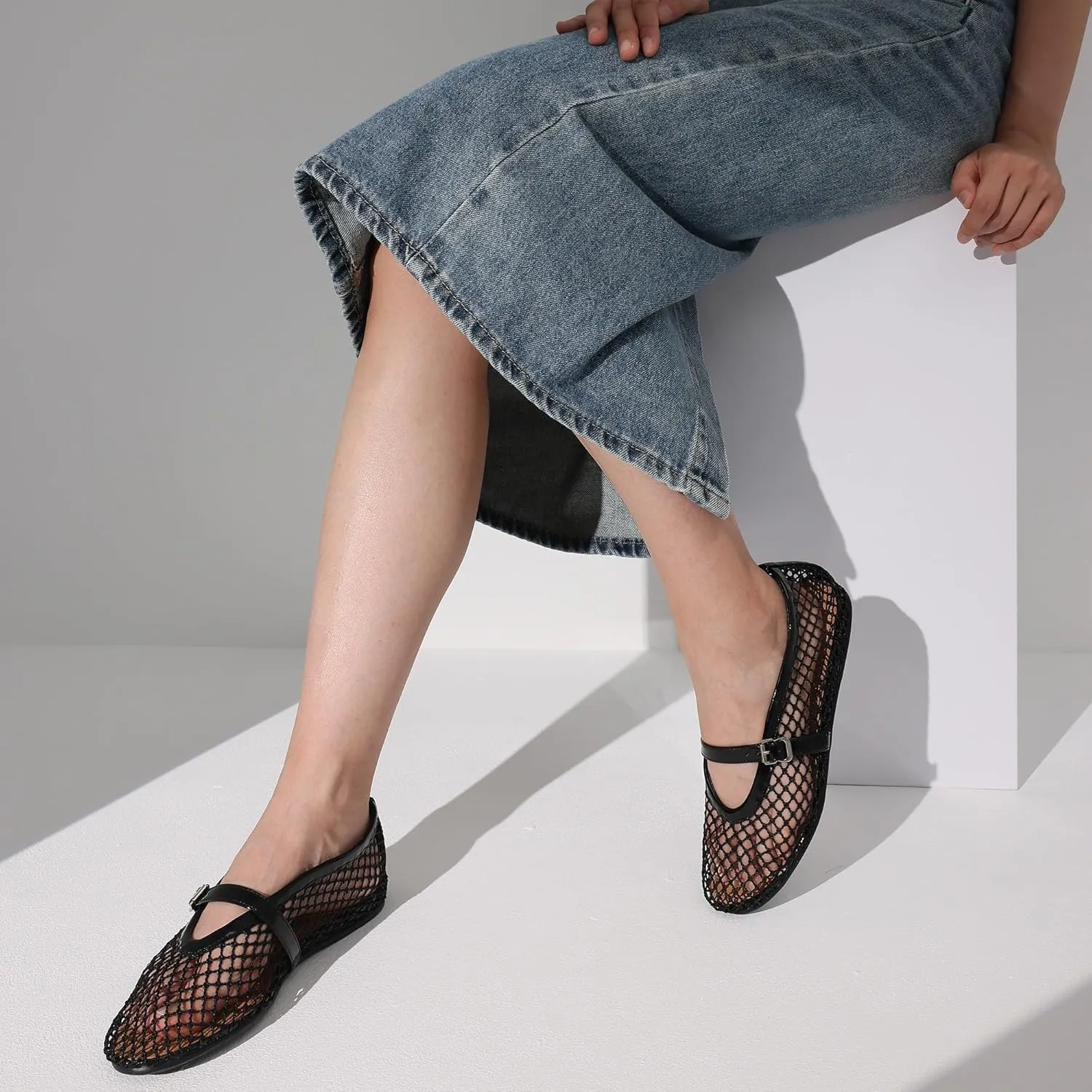 AMINUGAL Mesh Ballet Flats Shoes for Women Fashion Round Toe Fishnet Flats for Women Buckle Strap Mary Jane Shoes Women Comfortable Casual Office Daily Dress Ballerina Shoes