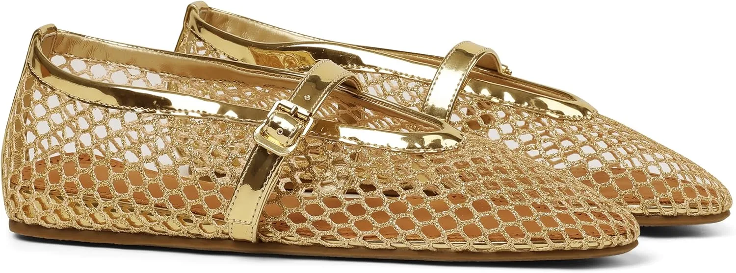 AMINUGAL Mesh Ballet Flats Shoes for Women Fashion Round Toe Fishnet Flats for Women Buckle Strap Mary Jane Shoes Women Comfortable Casual Office Daily Dress Ballerina Shoes