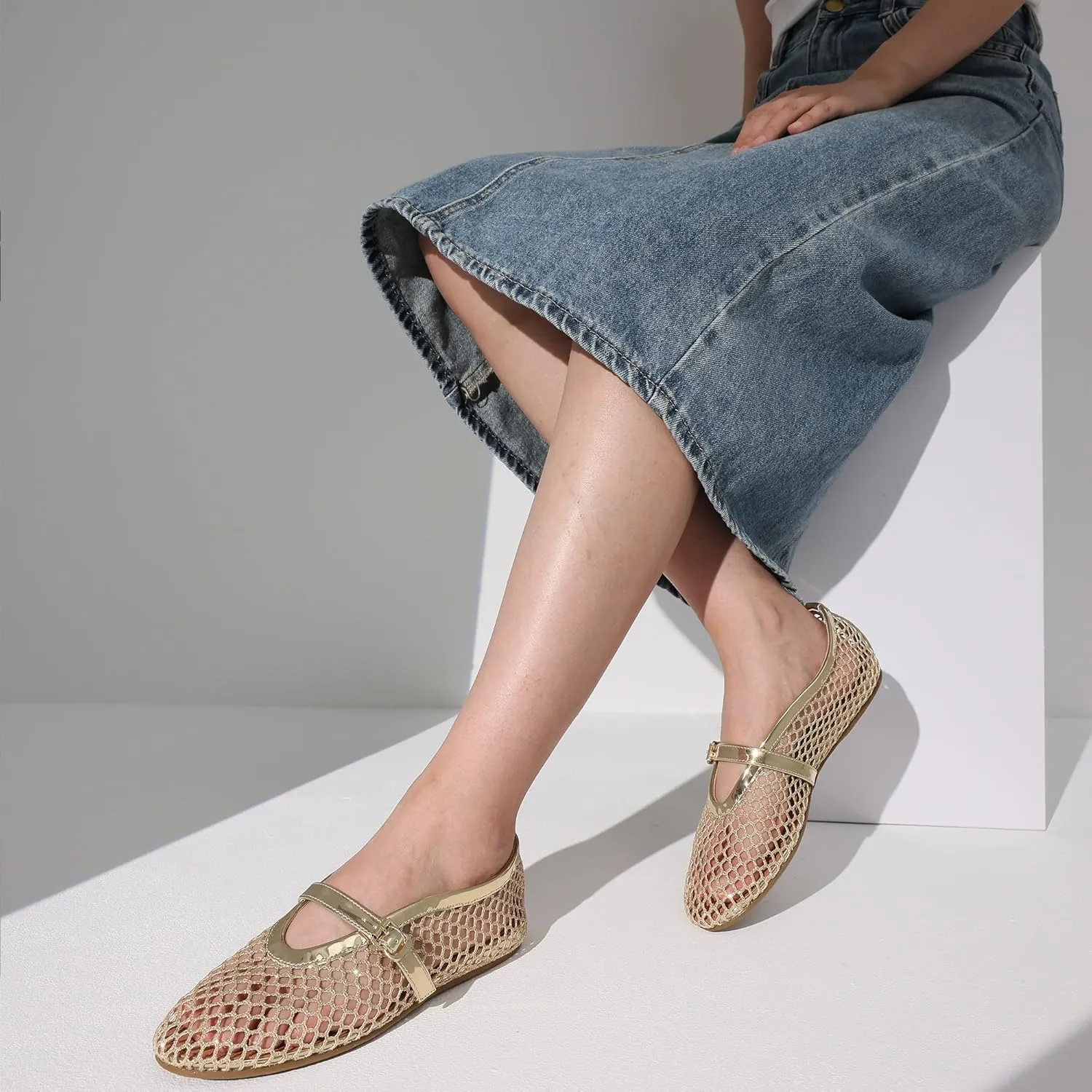 AMINUGAL Mesh Ballet Flats Shoes for Women Fashion Round Toe Fishnet Flats for Women Buckle Strap Mary Jane Shoes Women Comfortable Casual Office Daily Dress Ballerina Shoes