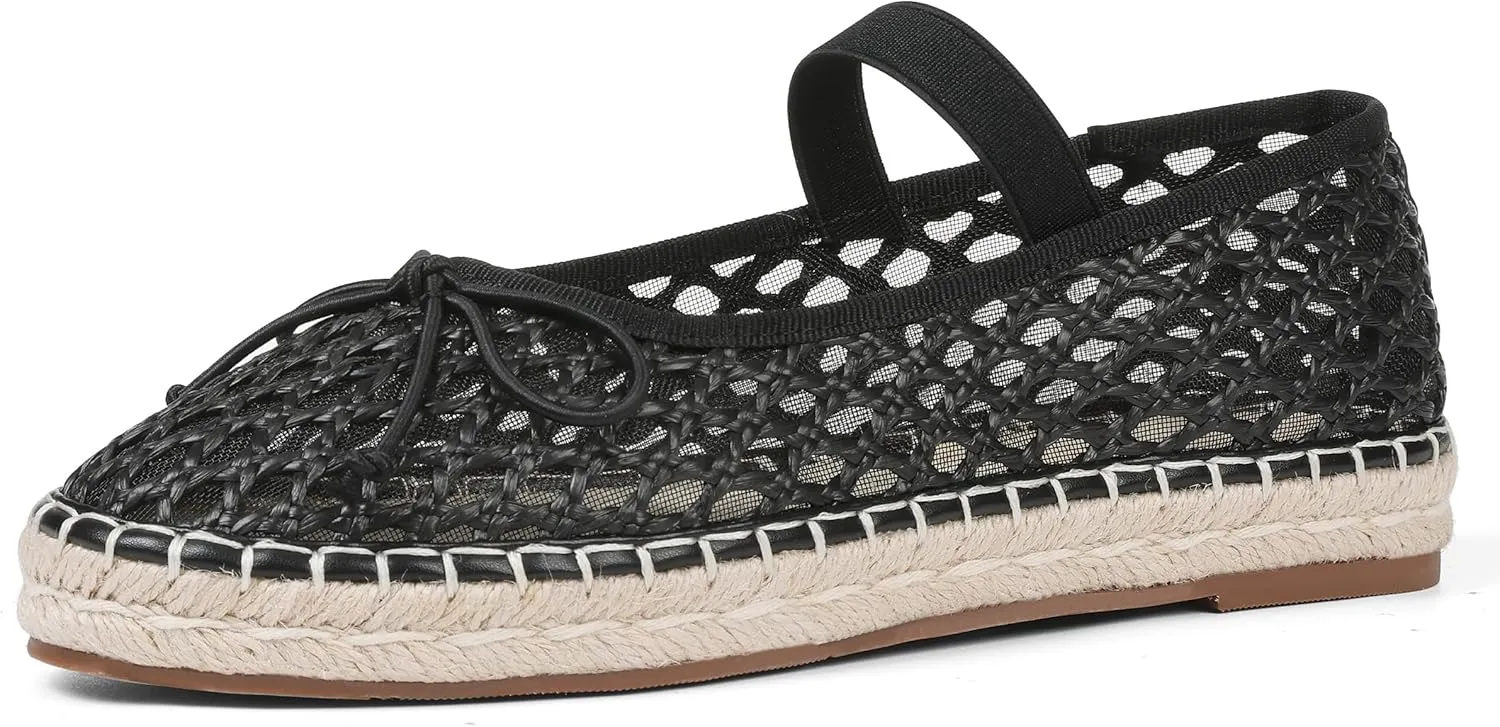 AMINUGAL Raffia Ballet Flats Shoes for Women Dressy Comfortable Woven Straw Women's Flat with Elastic Strap Mesh Bows Raffia Mary Janes Ballerina
