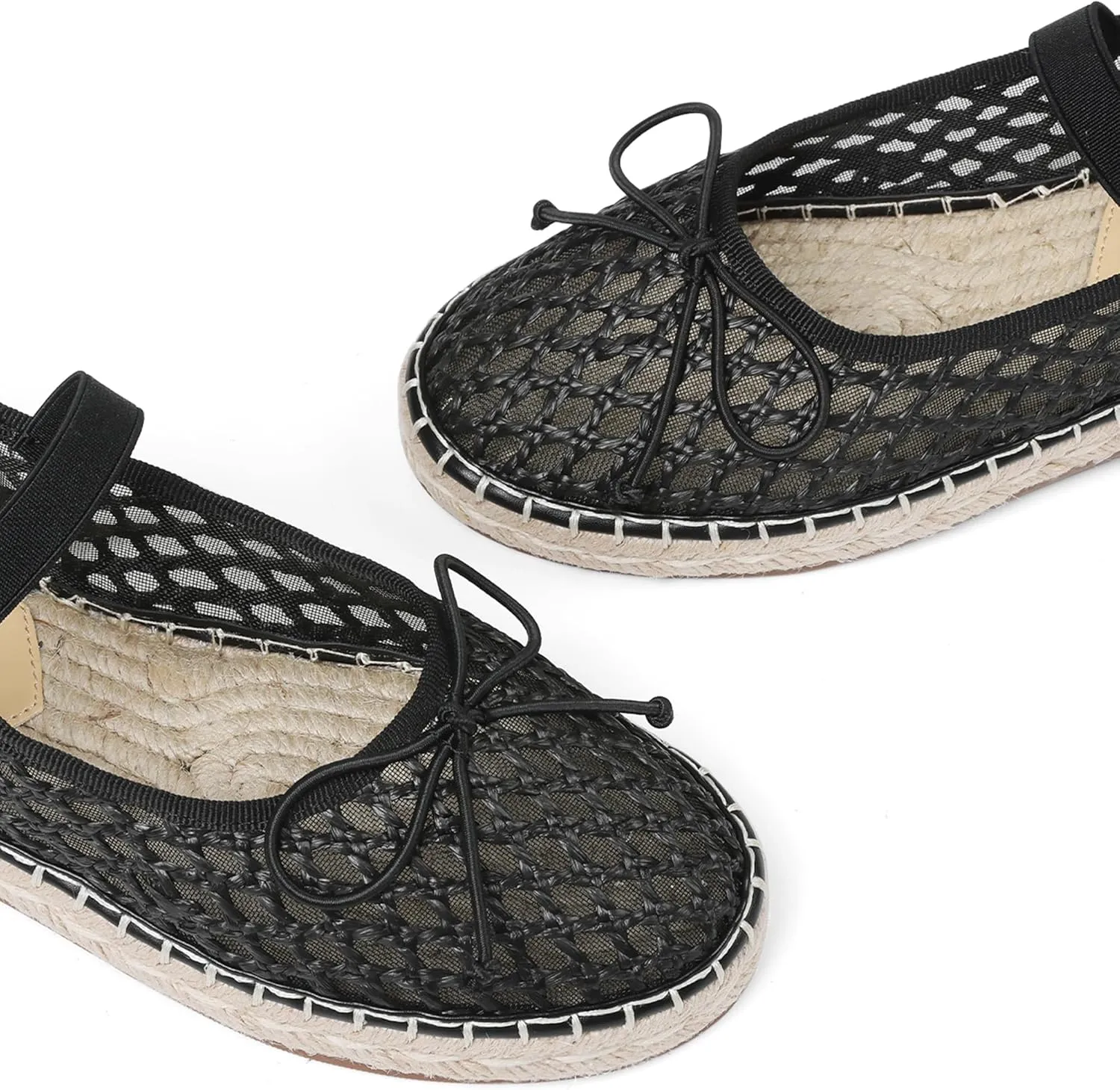 AMINUGAL Raffia Ballet Flats Shoes for Women Dressy Comfortable Woven Straw Women's Flat with Elastic Strap Mesh Bows Raffia Mary Janes Ballerina
