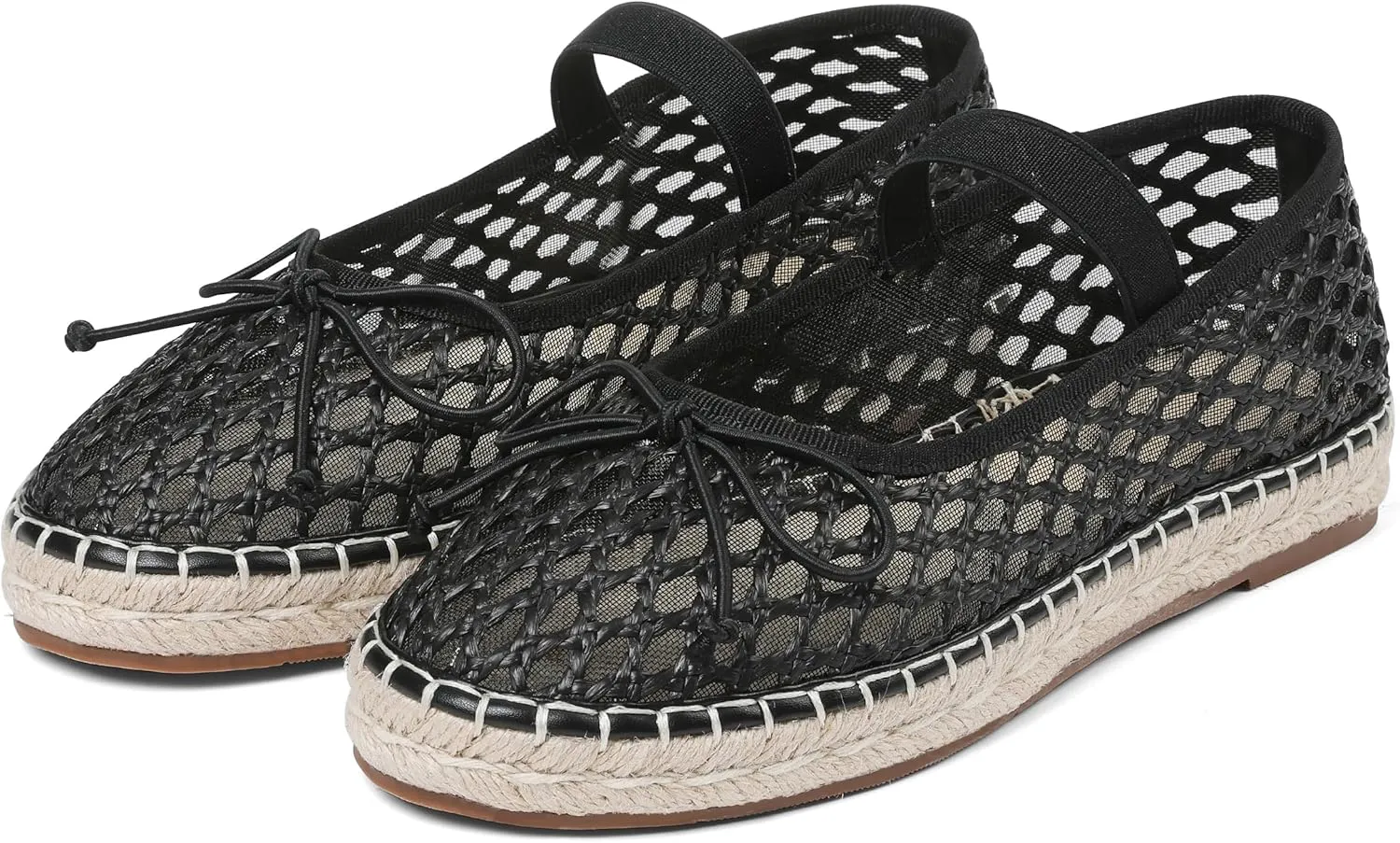 AMINUGAL Raffia Ballet Flats Shoes for Women Dressy Comfortable Woven Straw Women's Flat with Elastic Strap Mesh Bows Raffia Mary Janes Ballerina