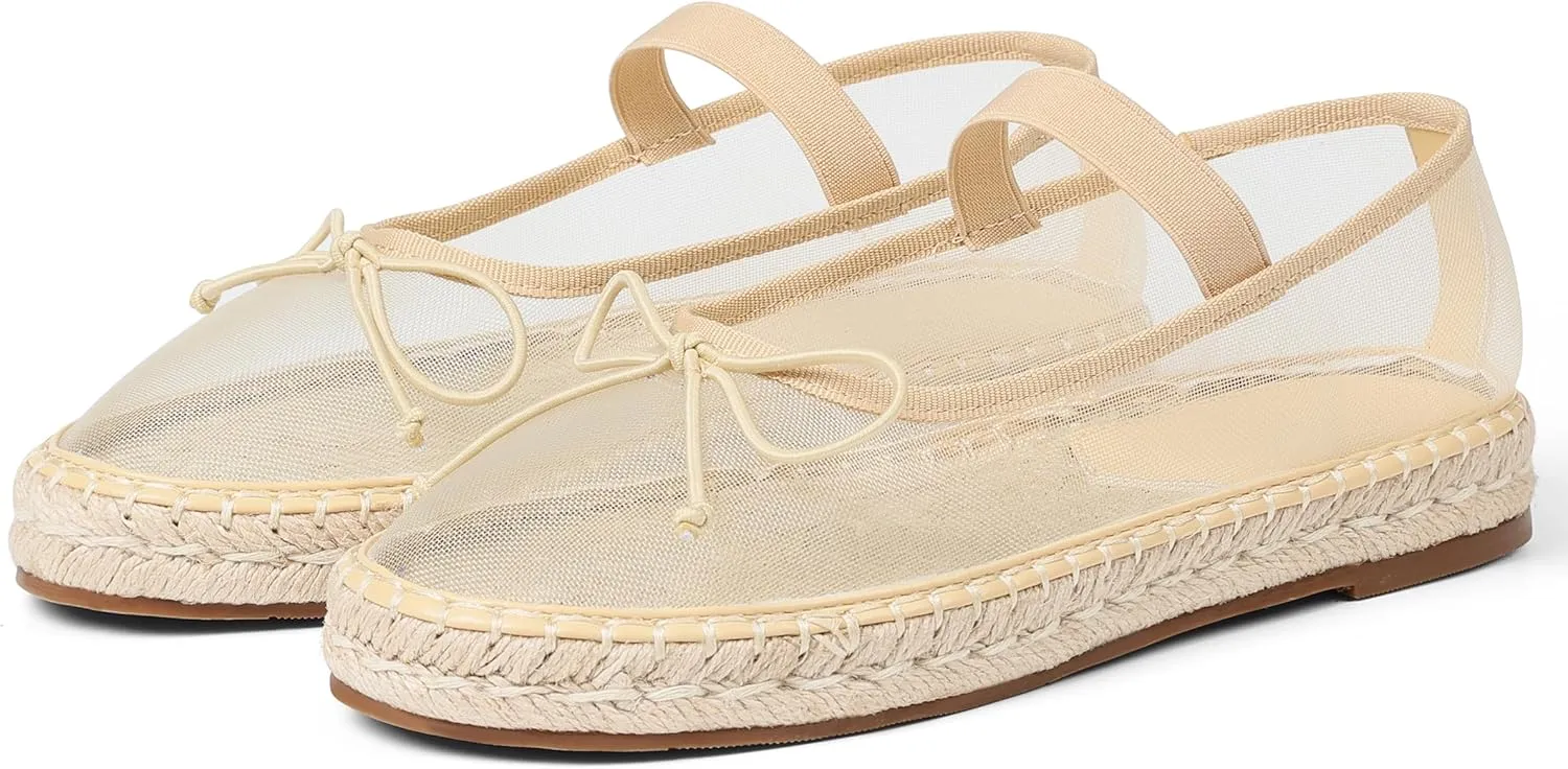 AMINUGAL Raffia Ballet Flats Shoes for Women Dressy Comfortable Woven Straw Women's Flat with Elastic Strap Mesh Bows Raffia Mary Janes Ballerina