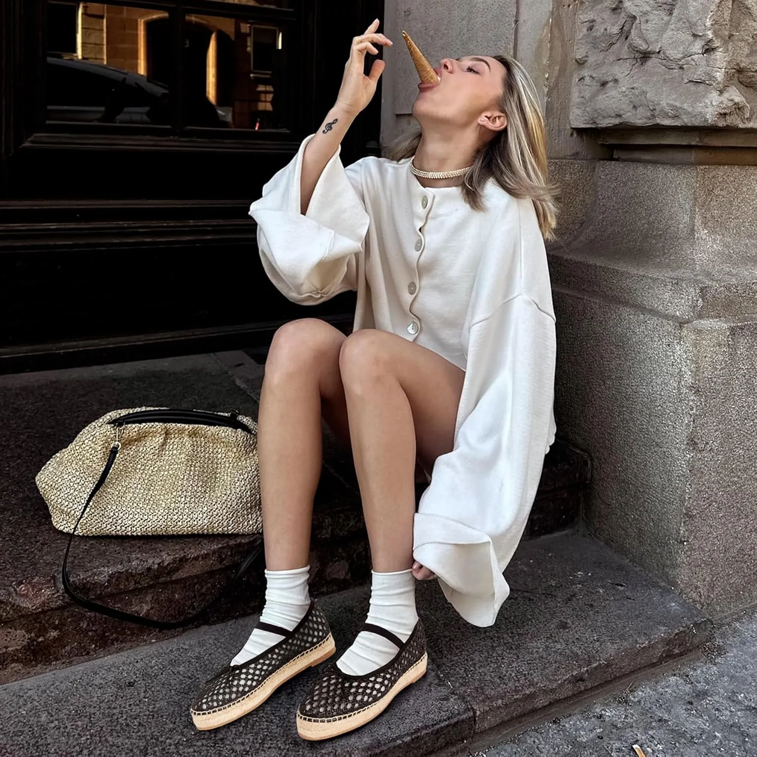AMINUGAL Raffia Ballet Flats Shoes for Women Dressy Comfortable Woven Straw Women's Flat with Elastic Strap Mesh Bows Raffia Mary Janes Ballerina