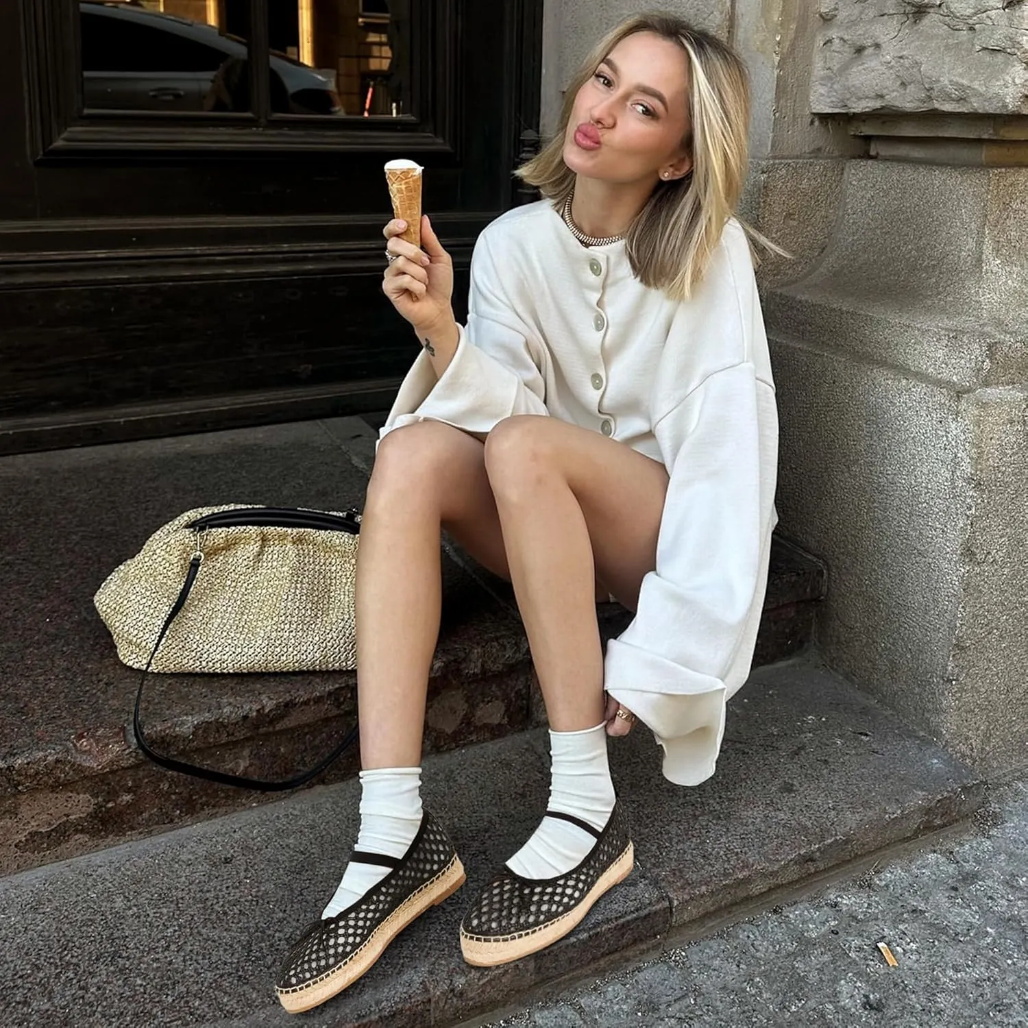 AMINUGAL Raffia Ballet Flats Shoes for Women Dressy Comfortable Woven Straw Women's Flat with Elastic Strap Mesh Bows Raffia Mary Janes Ballerina