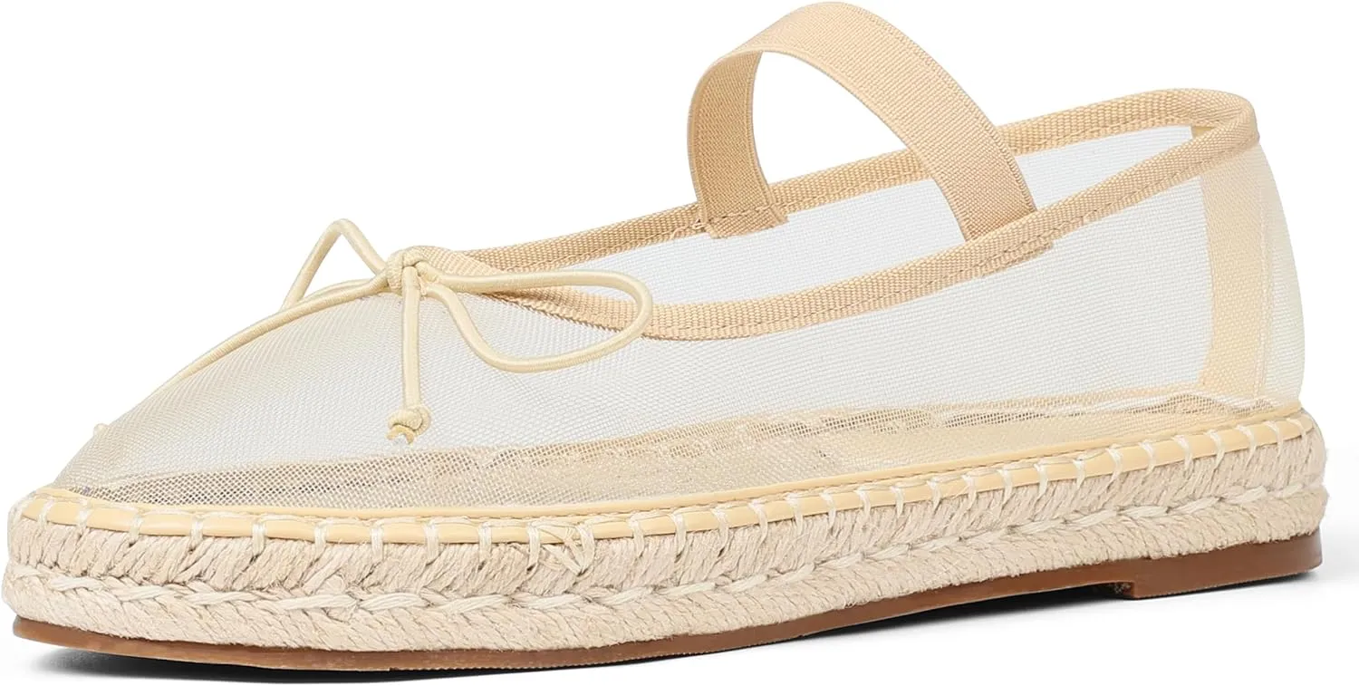 AMINUGAL Raffia Ballet Flats Shoes for Women Dressy Comfortable Woven Straw Women's Flat with Elastic Strap Mesh Bows Raffia Mary Janes Ballerina