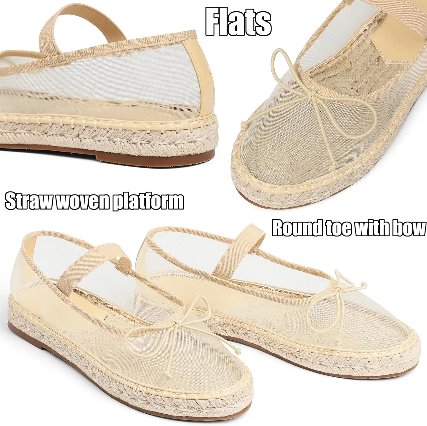 AMINUGAL Raffia Ballet Flats Shoes for Women Dressy Comfortable Woven Straw Women's Flat with Elastic Strap Mesh Bows Raffia Mary Janes Ballerina