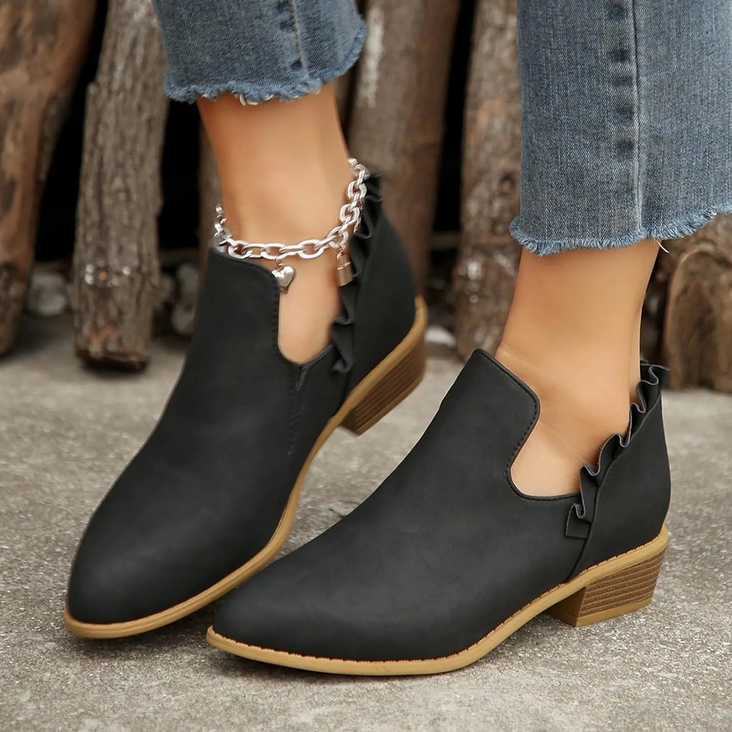 Ankle Boots for Women Chunky Stacked Low Heel Boots Fall Cutout Booties Causal Ruffle Slip On Dress Short Booties Shoes