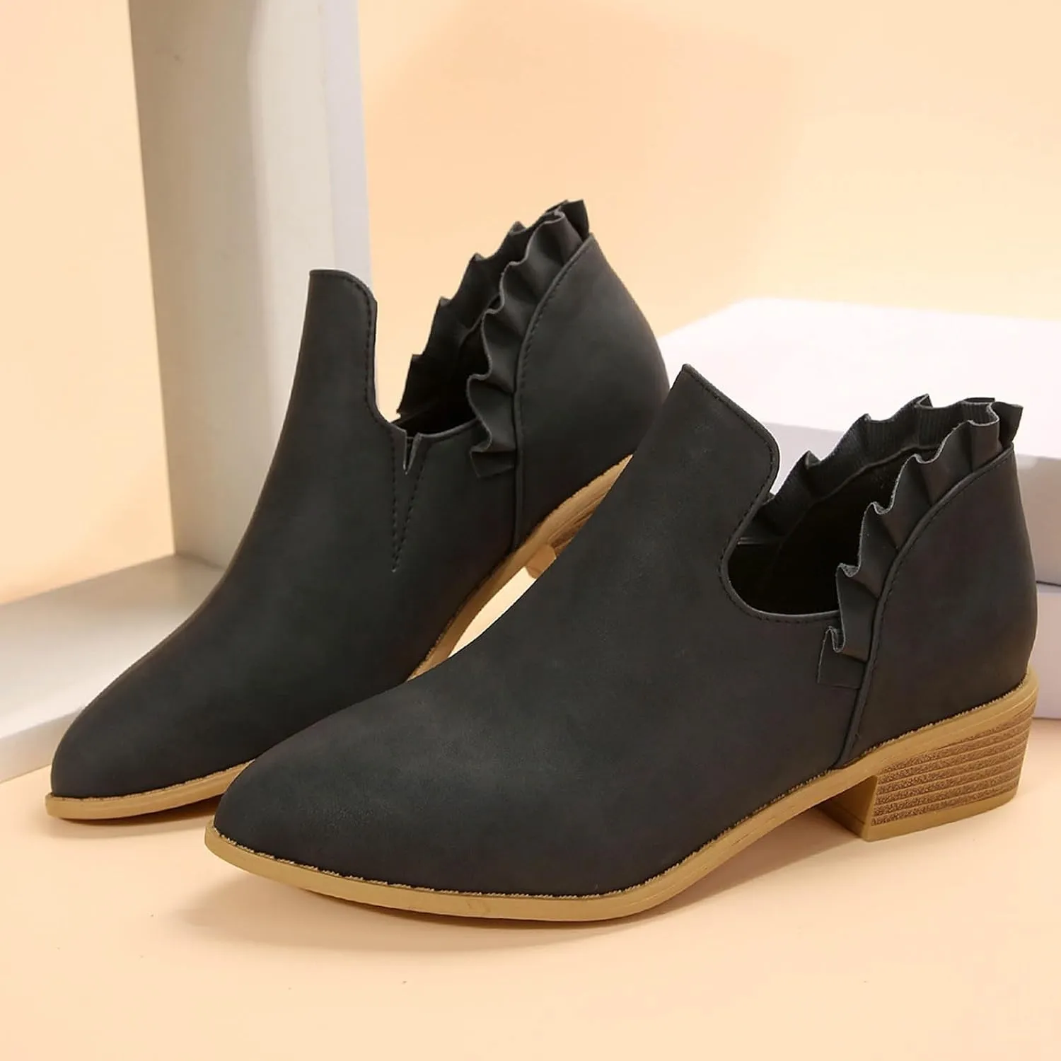 Ankle Boots for Women Chunky Stacked Low Heel Boots Fall Cutout Booties Causal Ruffle Slip On Dress Short Booties Shoes