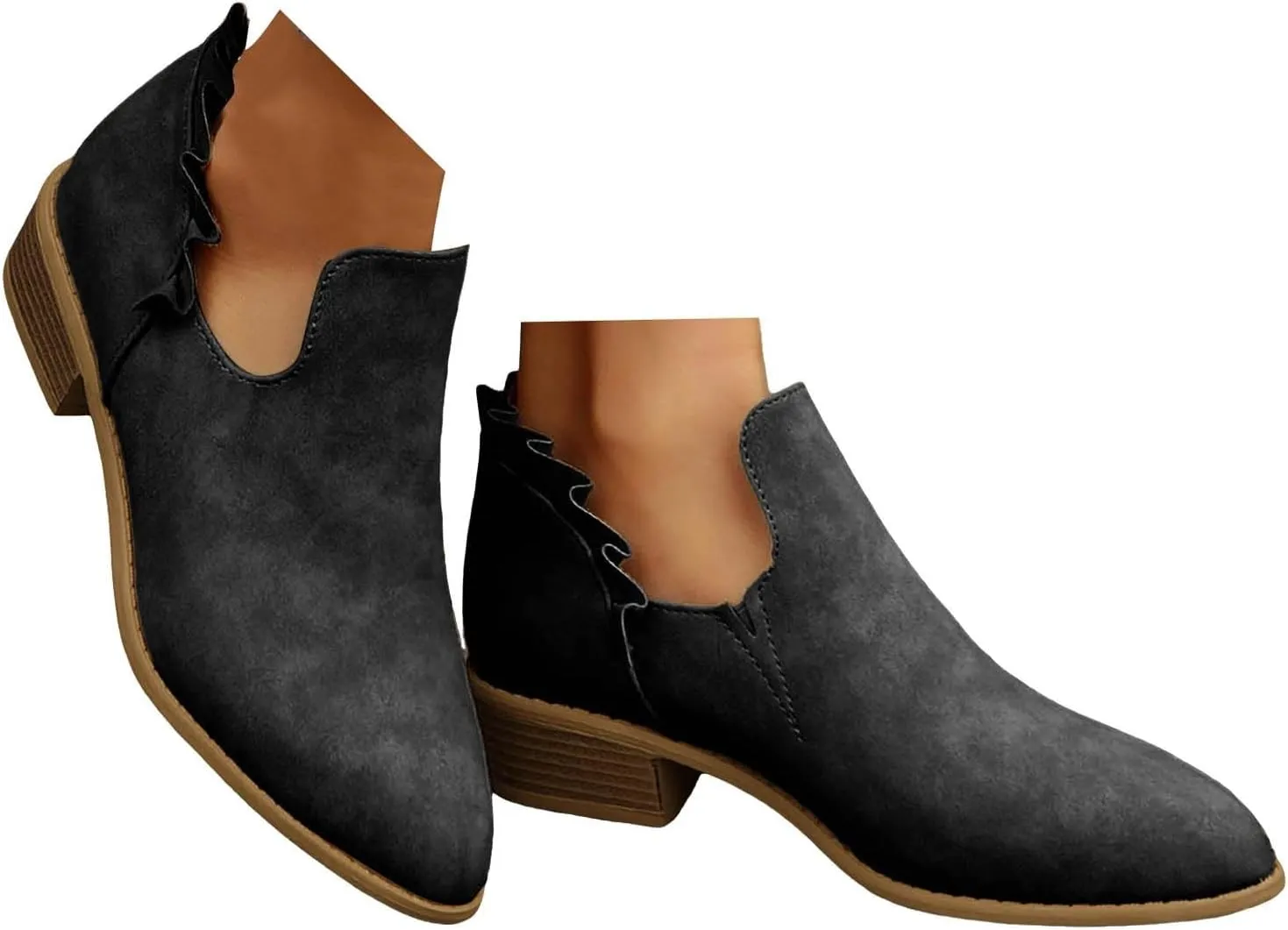 Ankle Boots for Women Chunky Stacked Low Heel Boots Fall Cutout Booties Causal Ruffle Slip On Dress Short Booties Shoes