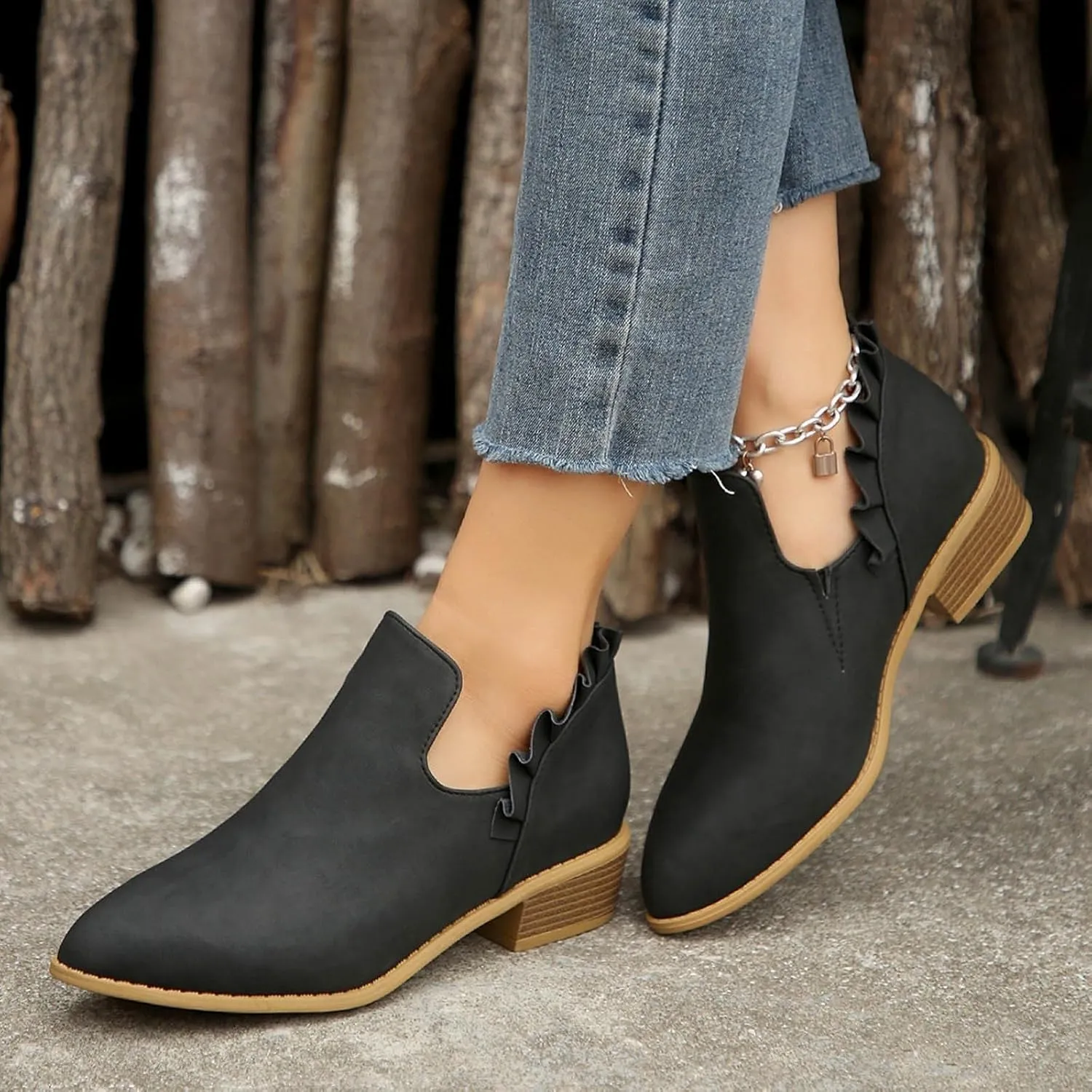 Ankle Boots for Women Chunky Stacked Low Heel Boots Fall Cutout Booties Causal Ruffle Slip On Dress Short Booties Shoes