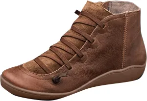 Ankle Boots for Women No Heel Arch Support Fashion Lace Up Side Zipper Booties Casual Walking Slip On Vintage Short Shoes