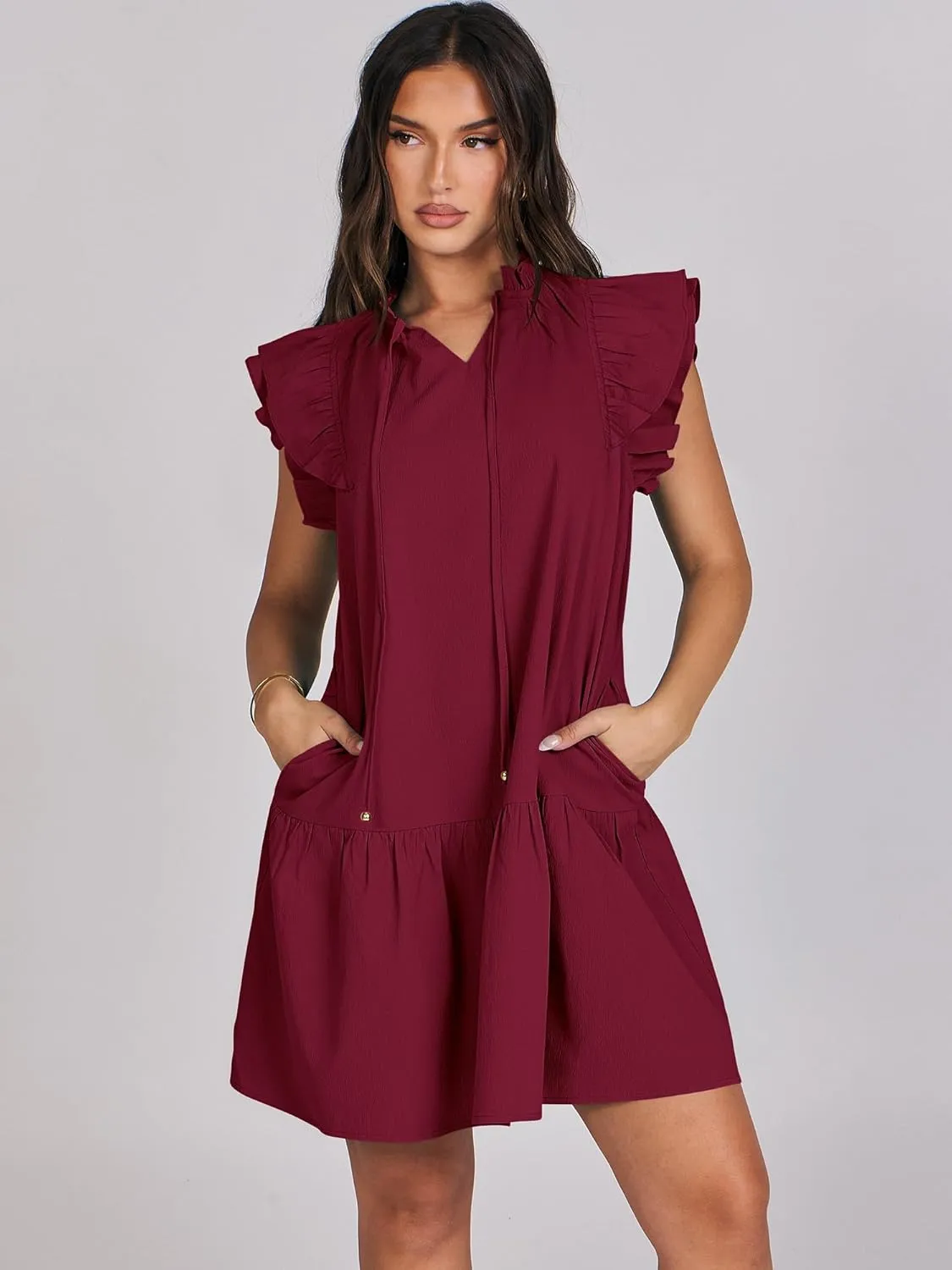 ANRABESS Womens Summer V-Neck Drawstring Ruffle Cap Short Sleeve Casual Shift Mini Dress with Pockets