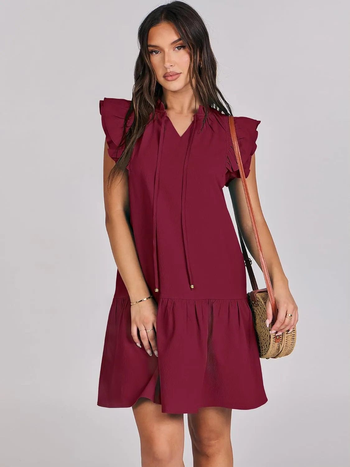 ANRABESS Womens Summer V-Neck Drawstring Ruffle Cap Short Sleeve Casual Shift Mini Dress with Pockets