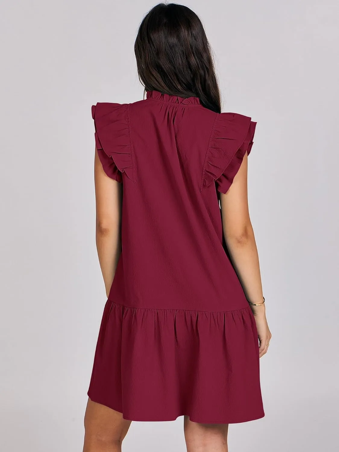 ANRABESS Womens Summer V-Neck Drawstring Ruffle Cap Short Sleeve Casual Shift Mini Dress with Pockets