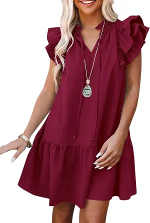 ANRABESS Womens Summer V-Neck Drawstring Ruffle Cap Short Sleeve Casual Shift Mini Dress with Pockets