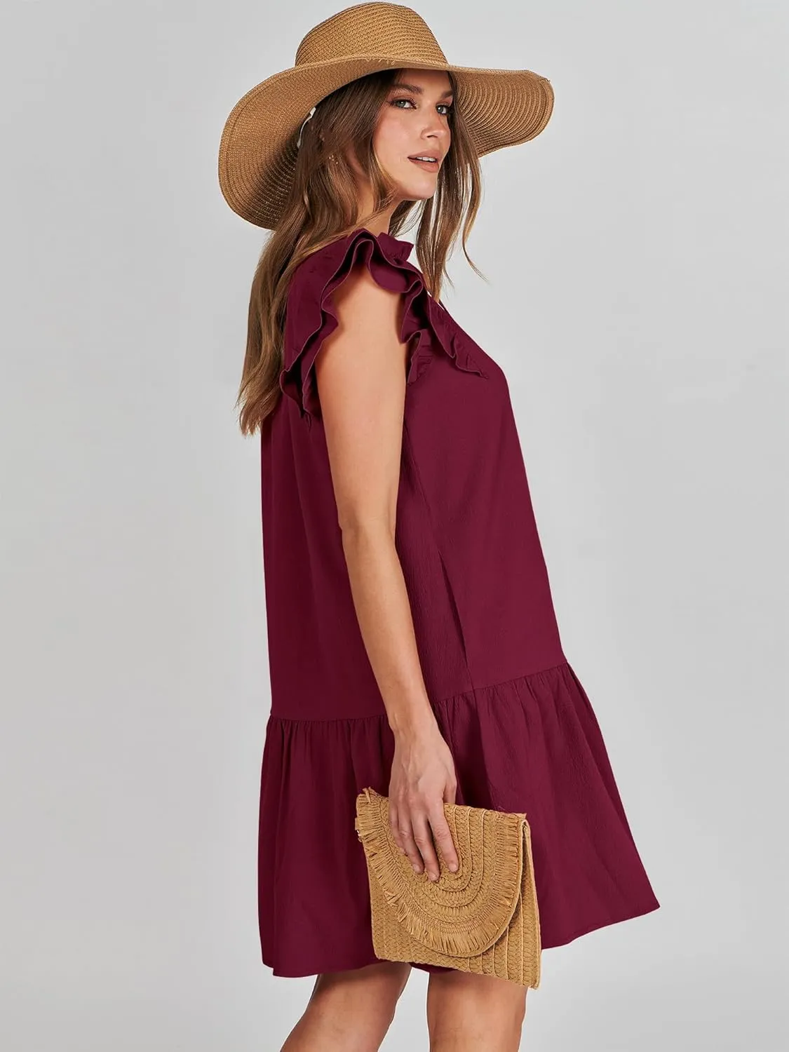 ANRABESS Womens Summer V-Neck Drawstring Ruffle Cap Short Sleeve Casual Shift Mini Dress with Pockets