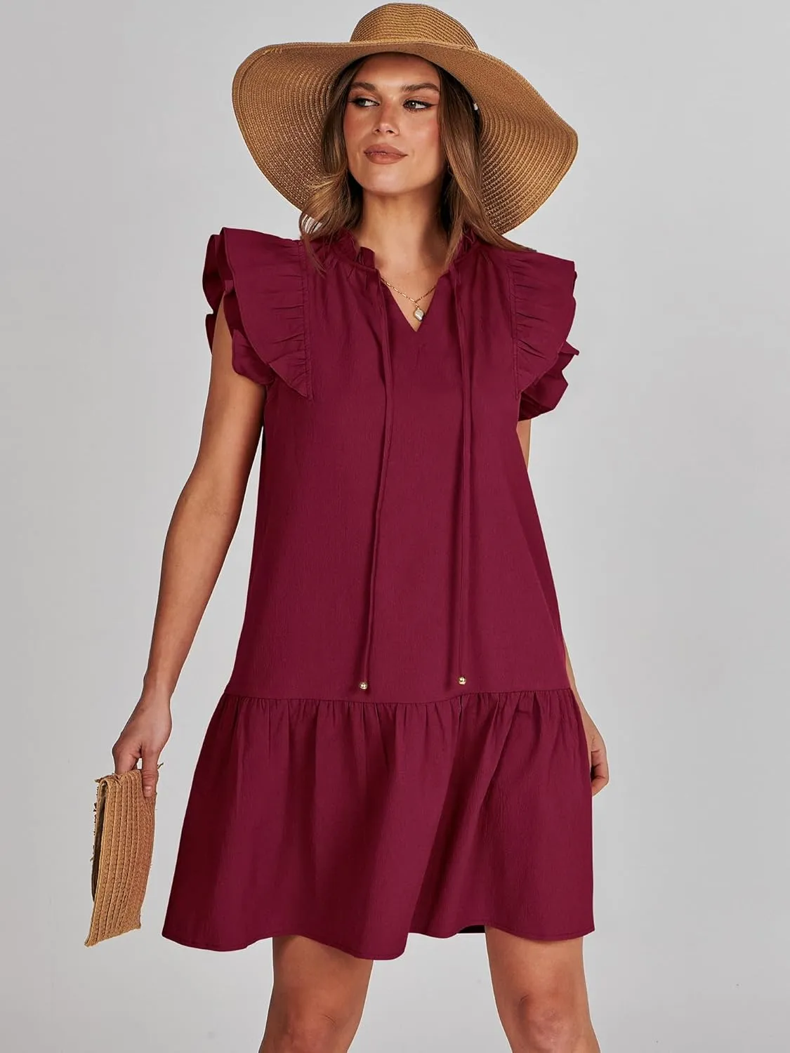 ANRABESS Womens Summer V-Neck Drawstring Ruffle Cap Short Sleeve Casual Shift Mini Dress with Pockets
