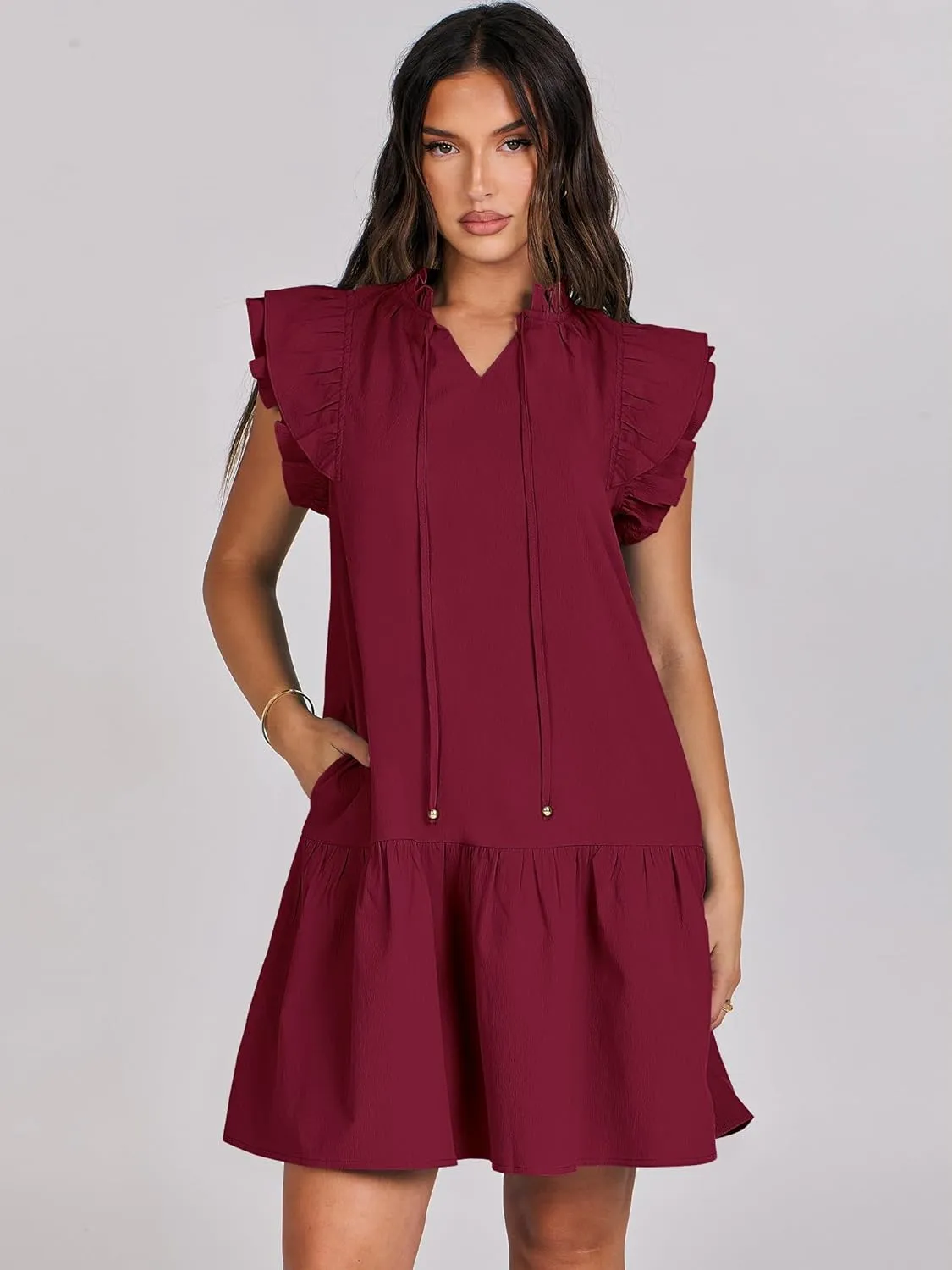 ANRABESS Womens Summer V-Neck Drawstring Ruffle Cap Short Sleeve Casual Shift Mini Dress with Pockets