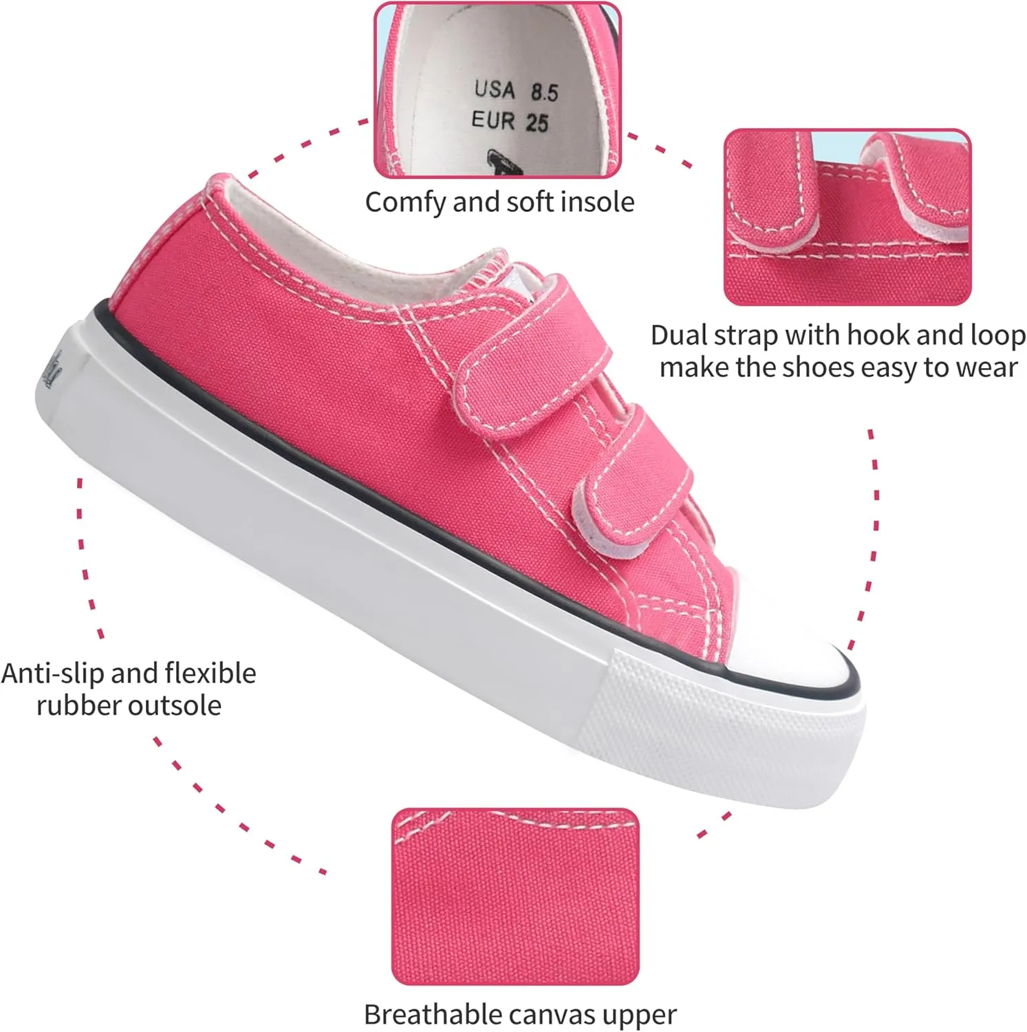 ANTLULU Boys and Girls Canvas Shoes Dual Adjustable Hook and Loop Classic Low Top Kids Sneakers