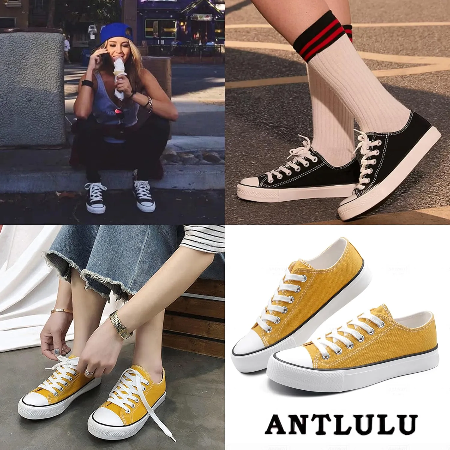 ANTLULU Womens Canvas Shoes Low Top and Lace up Fashion Casual Sneakers Black and White Classic