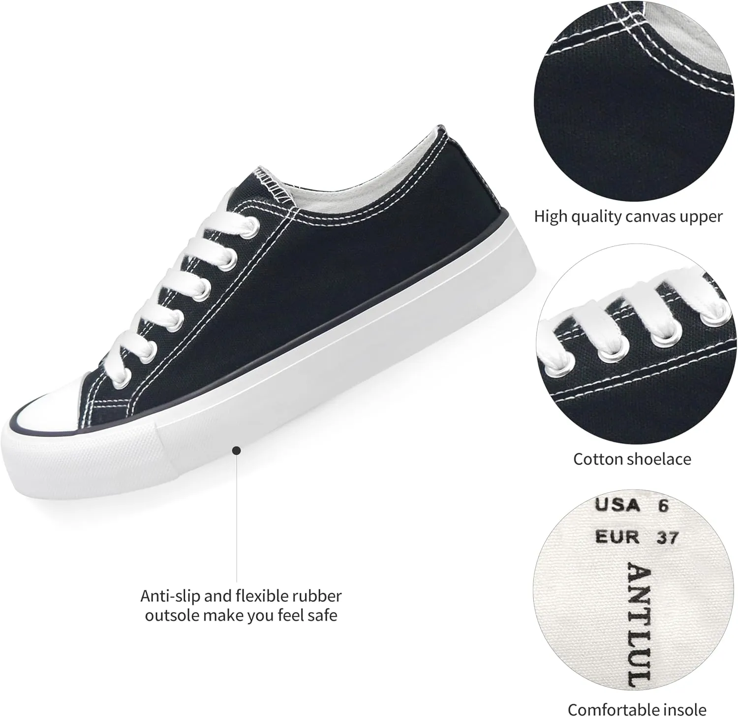 ANTLULU Womens Canvas Shoes Low Top and Lace up Fashion Casual Sneakers Black and White Classic